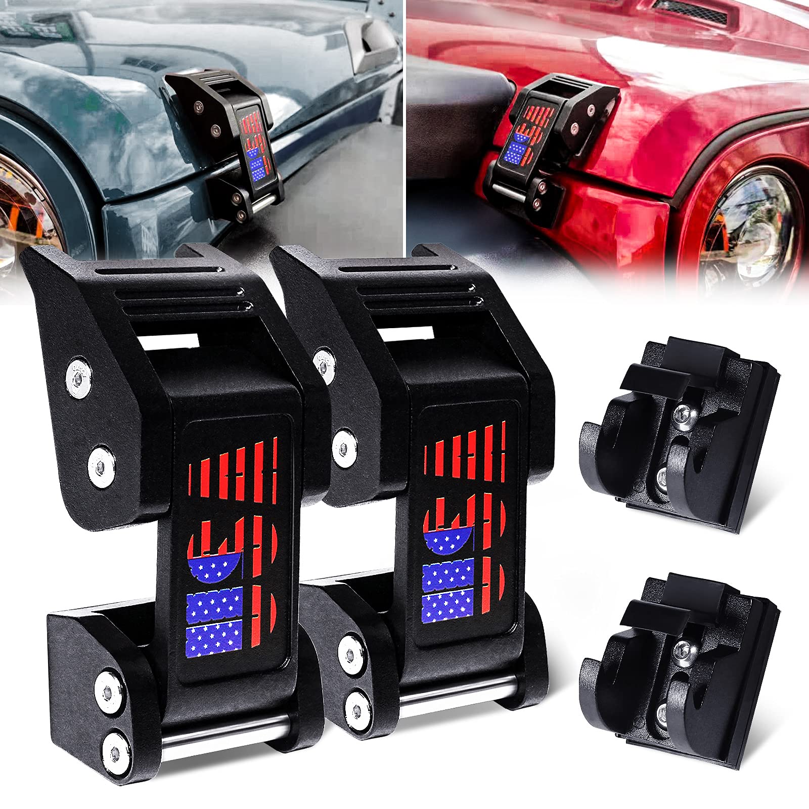 HM Aluminum Hood Latches with U.S.A Letter, Black Hood Catch Kit for Jeep Wrangler JK JKU 2007-2018 & Jeep Wrangler JL JLU Gladiator JT 2018-2021
