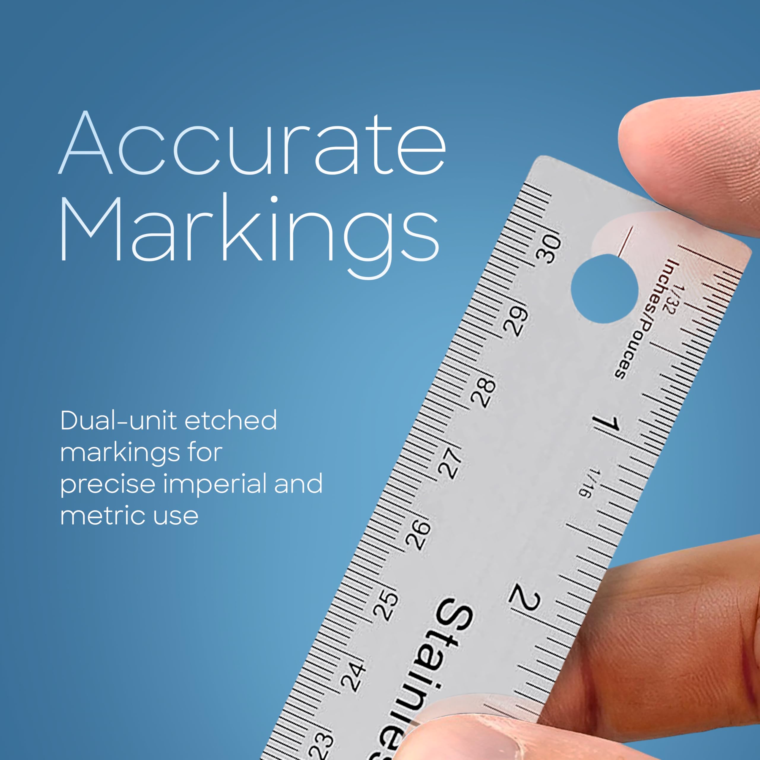 Merangue Stainless Steel Ruler – 12"/30 Cm Flexible Scale With Non-Skid Cork Backing, Scratch-Protection, Hang Hole – Classroom & Workshop