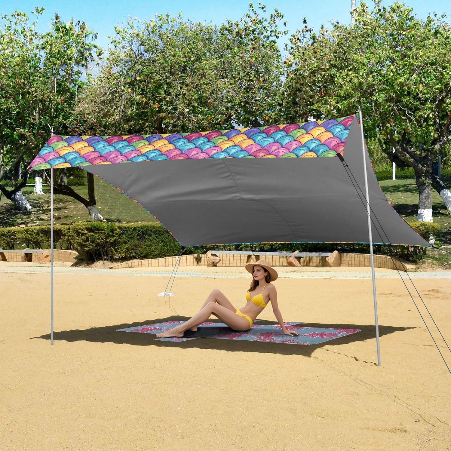 ALAZA Mermaid Print Rainbow Beach Tent Sun Shelter UPF50+ Protection Beach Shade Canopy w/ 4 Sandbags for Outdoor Camping, Fishing, Backyard Fun, Picnic, 10x9 ft