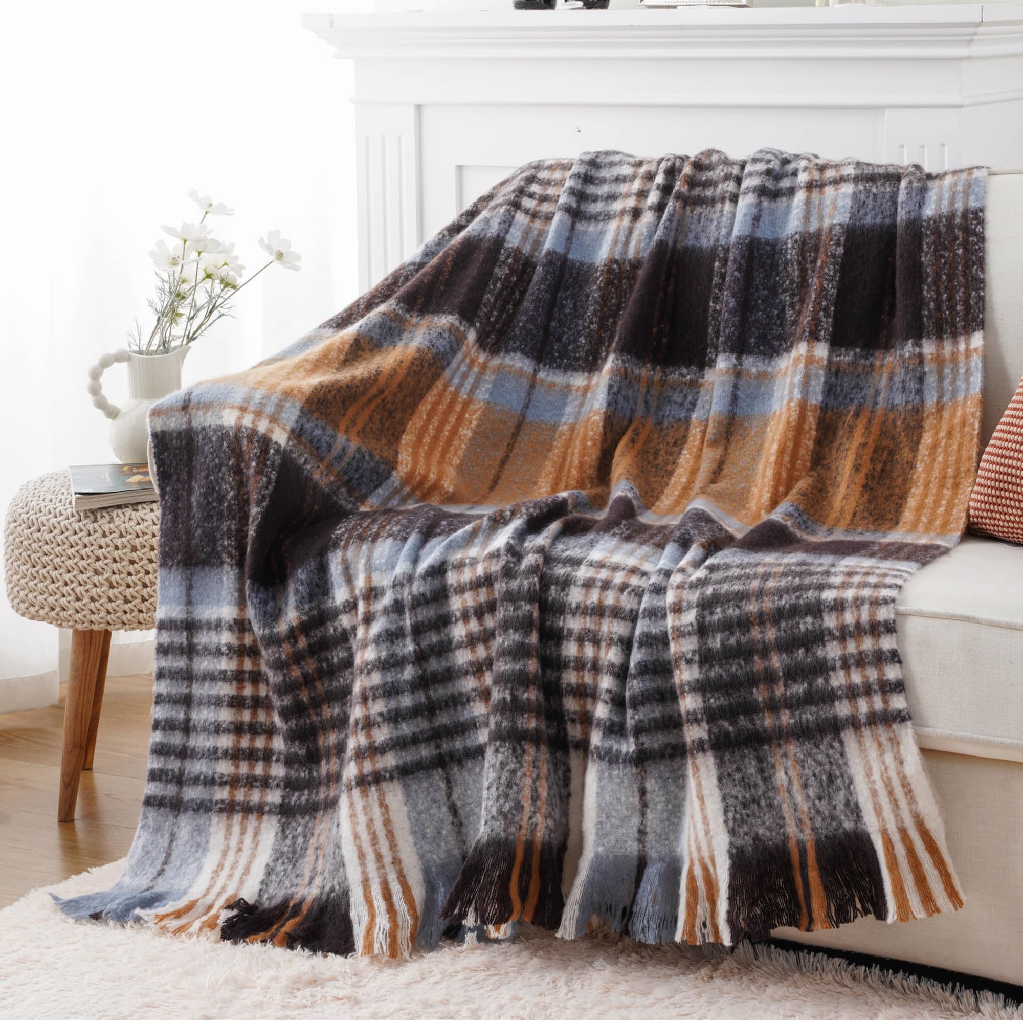 Battilo Plaid Throw Blanket for Couch Bed Soft Mohair Tartan Plaid Blanket, Farmhouse Style Checkered Pattern