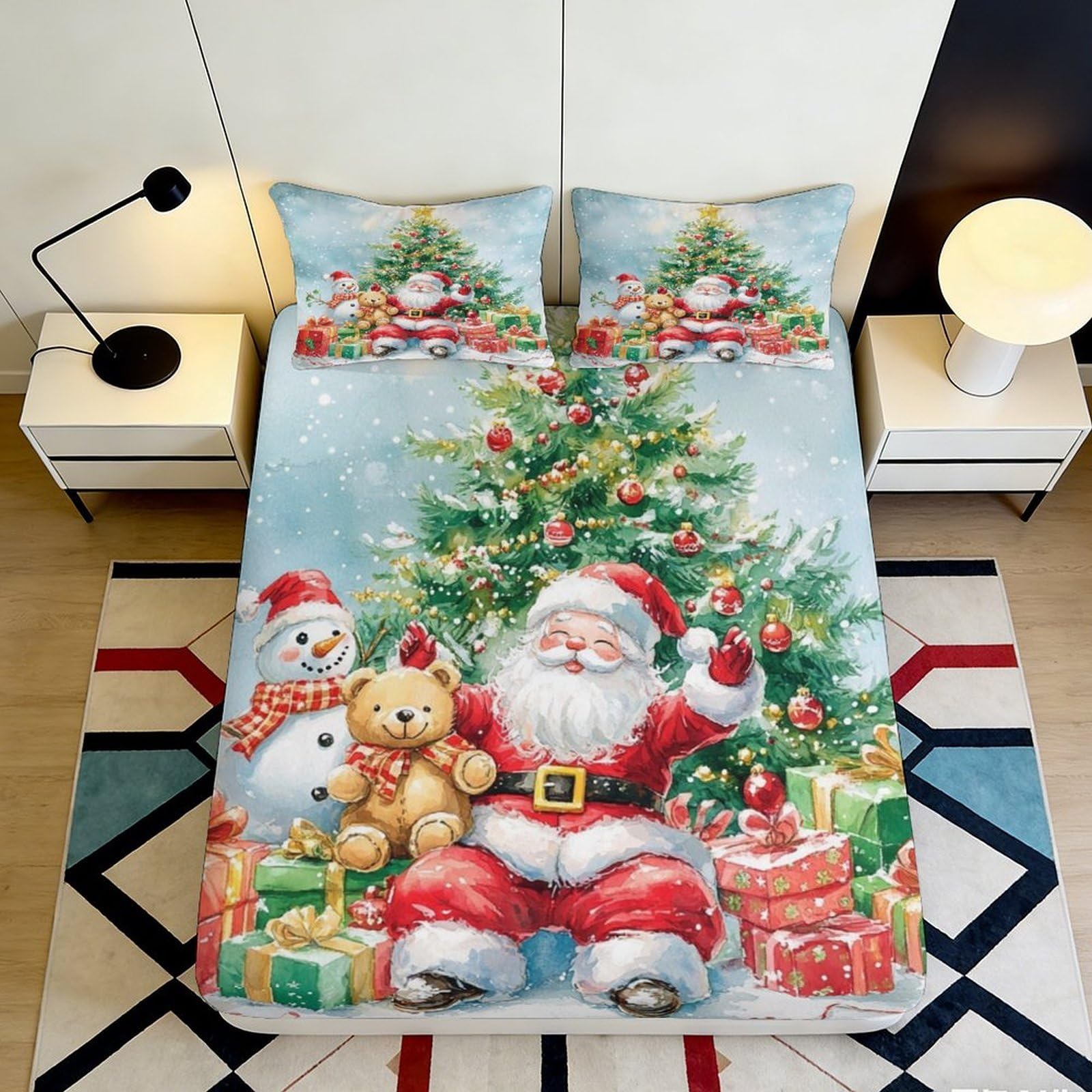 3D Printed Christmas Santa Fitted Sheet Microfiber Snowman Christmas Tree Mattress Cover Anti-Slip Washable Bed Decor 180x200x25cm