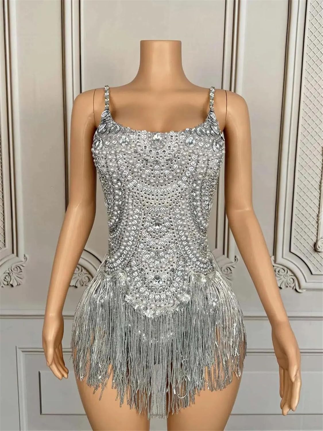 Women Sparkly Rhinestones Tassel Bodysuit Summer Sleeveless Fancy Outfit for Singer Dancer Stage Performance