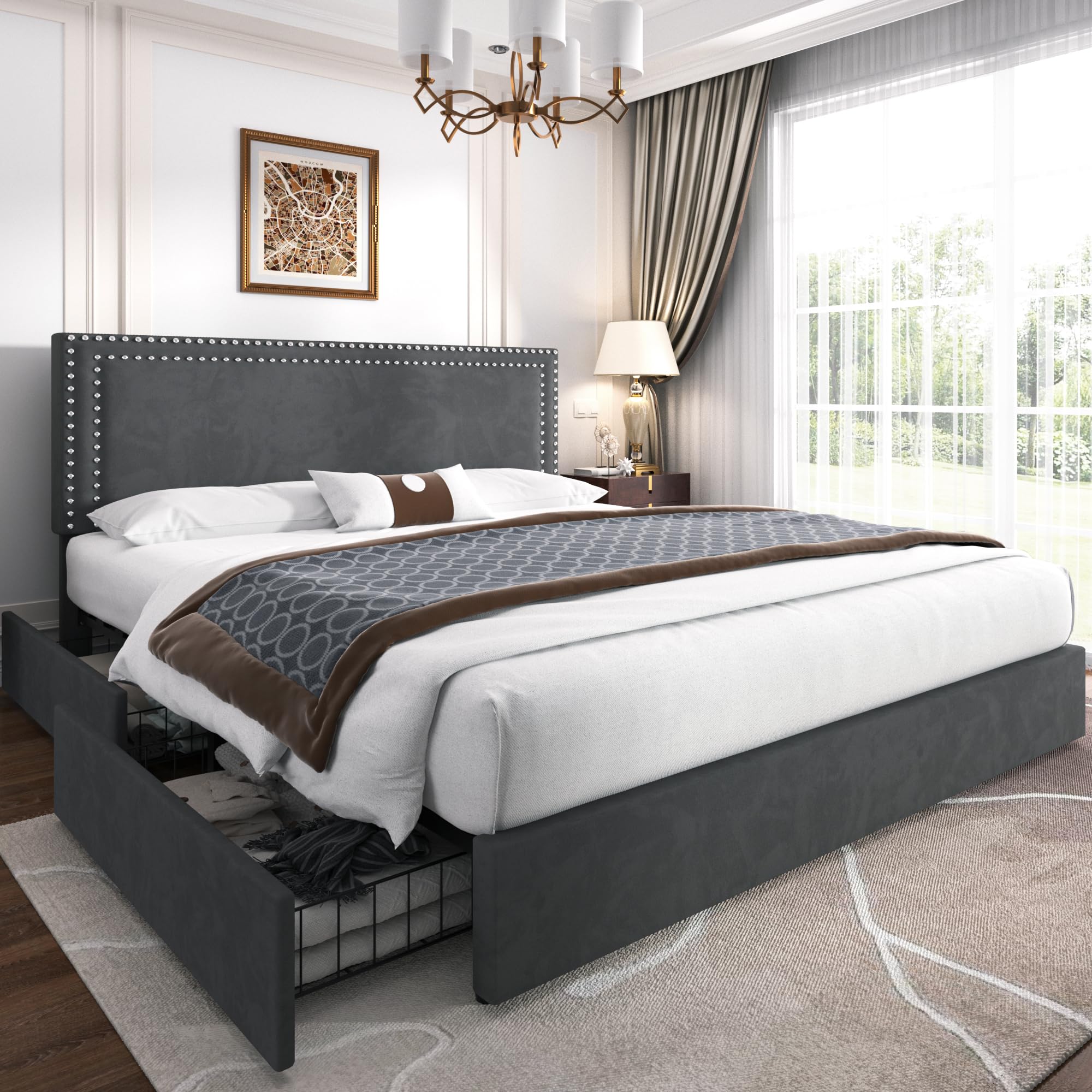 VECELO Full Size Upholstered Platform Bed Frame with 4 Storage Drawers, Adjustable Velvet Rivet Decor Headboard, Wooden Slats Support, No Box Spring