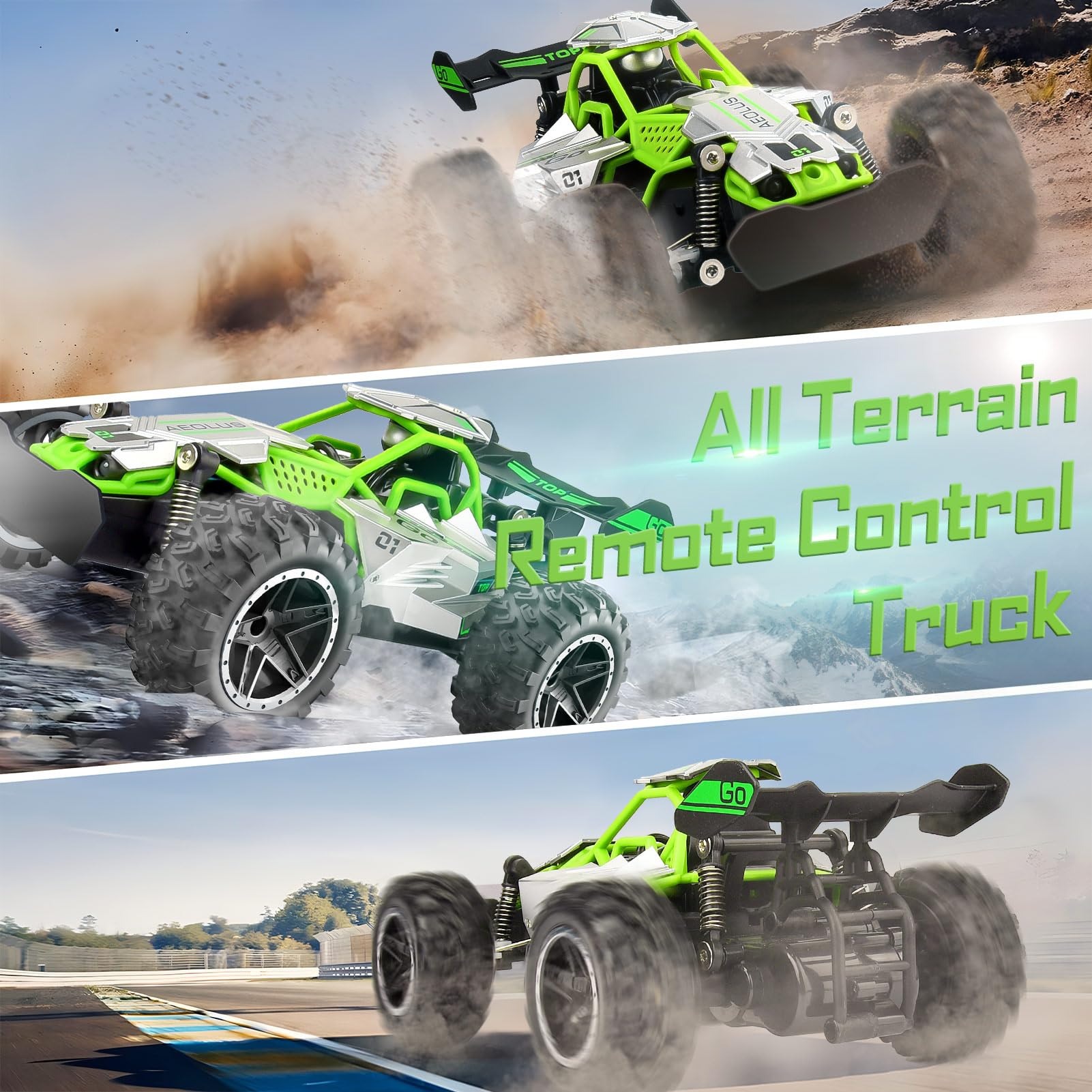 Pmgud Trucks Macchina Telecomandata Auto 1:18 Rc Cars, 2,4 GHz All Terrain Offroad Auto Radiocomandata 2WD 20 km/h Impermeabile con 2 Batterie Regalo Per Bambini Di 6-14 Anni(Verde)