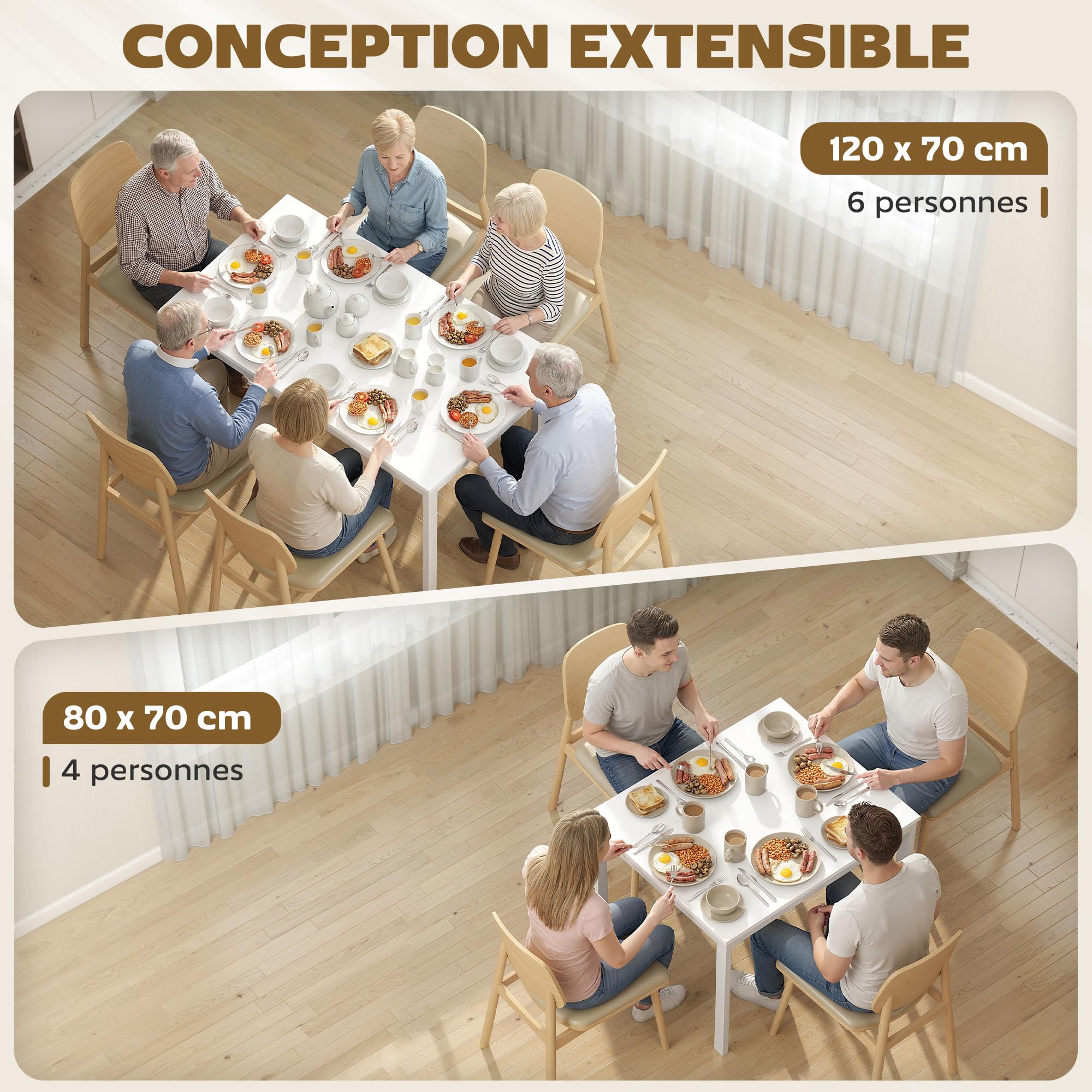 HOMCOM Table à Manger Extensible Rectangle pour 4 à 6 Personnes, Table de Cuisine 80-120 cm, Extension coulissante Facile, Pieds en Acier, pour Petits espaces, Salle à Manger, Salon, Blanc