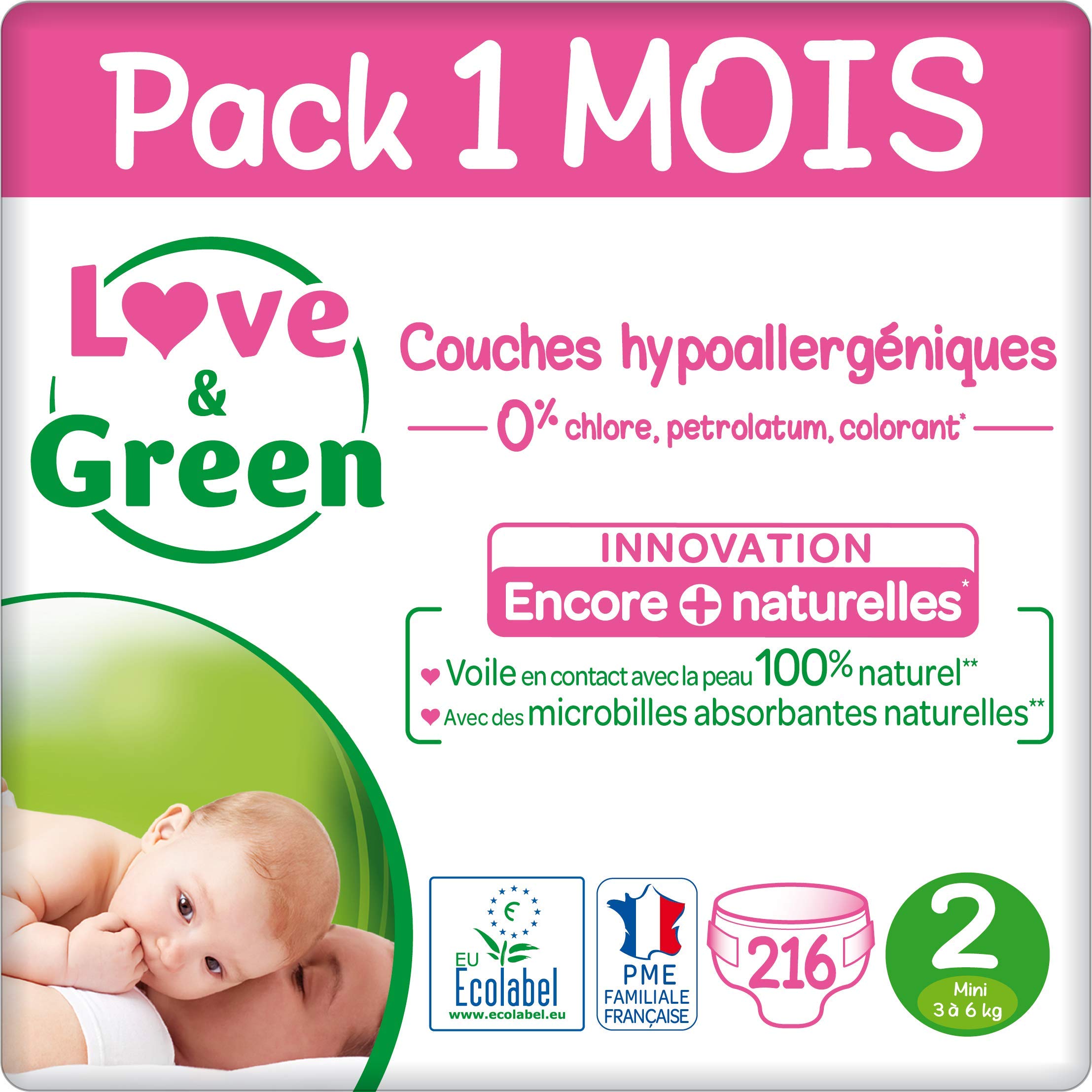 Couches Taille 2 (3-6 kg) - Pack 1 Mois (216 couches) +Gel Lavant Corps/Cheveux Bio 0% 500 ml