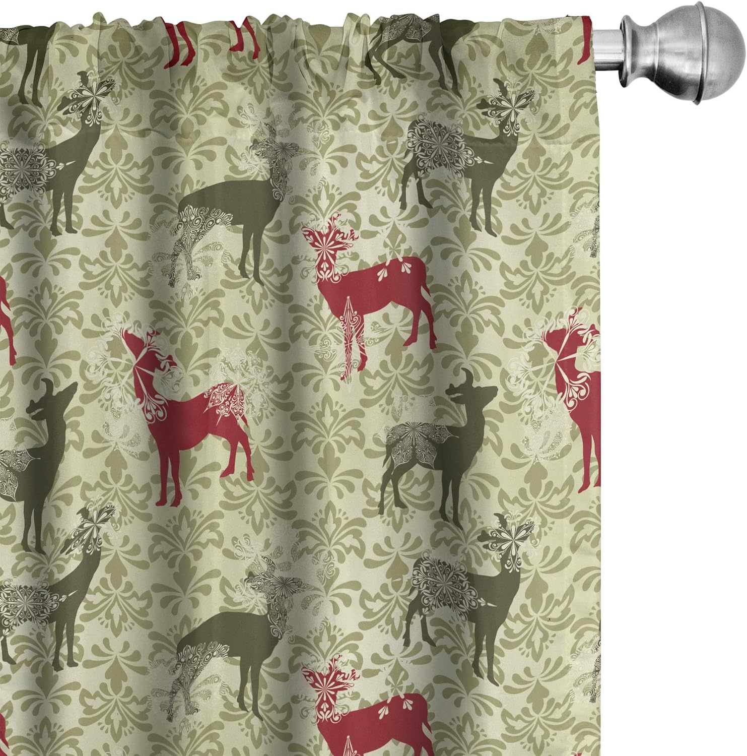 Ambesonne Christmas 2 Panel Curtain Set, Antique Rococo Damask Vintage Falling Snowflakes and Deer, Lightweight Window Treatment Living Room Bedroom Decor, Pair of - 28" x 95", Green Avocado