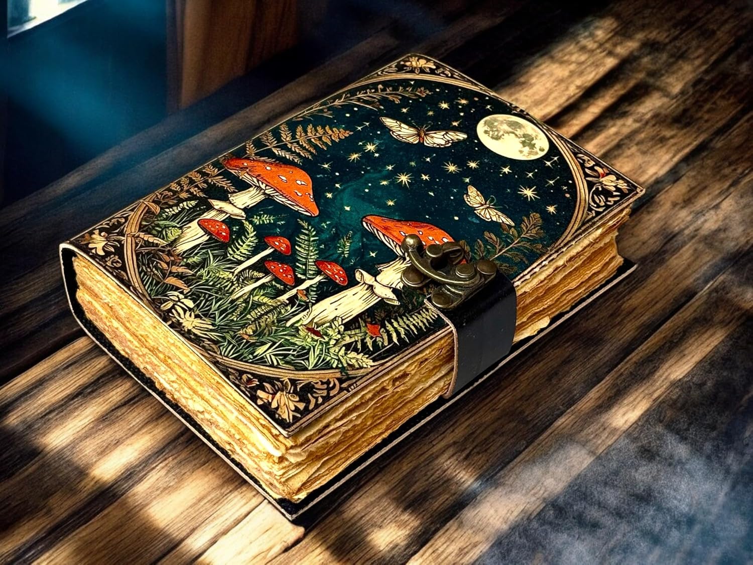 Grimoire Vintage Mushroom leather journal, Handmade Antique Deckle Edge Paper Spell Book of Shadows Celestial Witchcraft Supplies Diary, Wiccan Notebook, Mystical Gifts for Him & Her 7x5 Inch 200 Pages