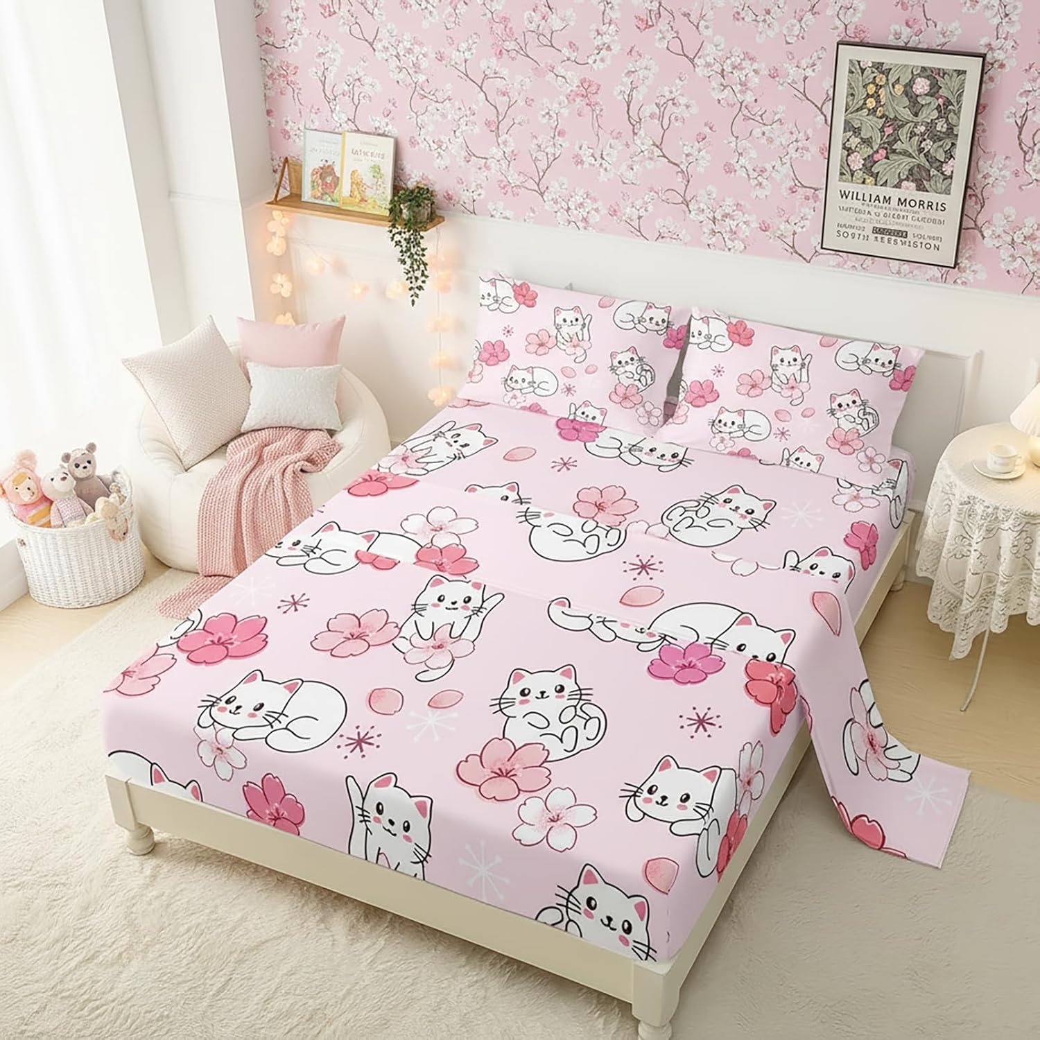 QOOMO Kawaii Cats Kids Sheets Twin Size,Sakura 16" Deep Pocket Bed Sheet Set,Floral Cats Printed Bedroom Decor Bedding Set Soft and Breathable for Boys/Girls/Kids/Teens