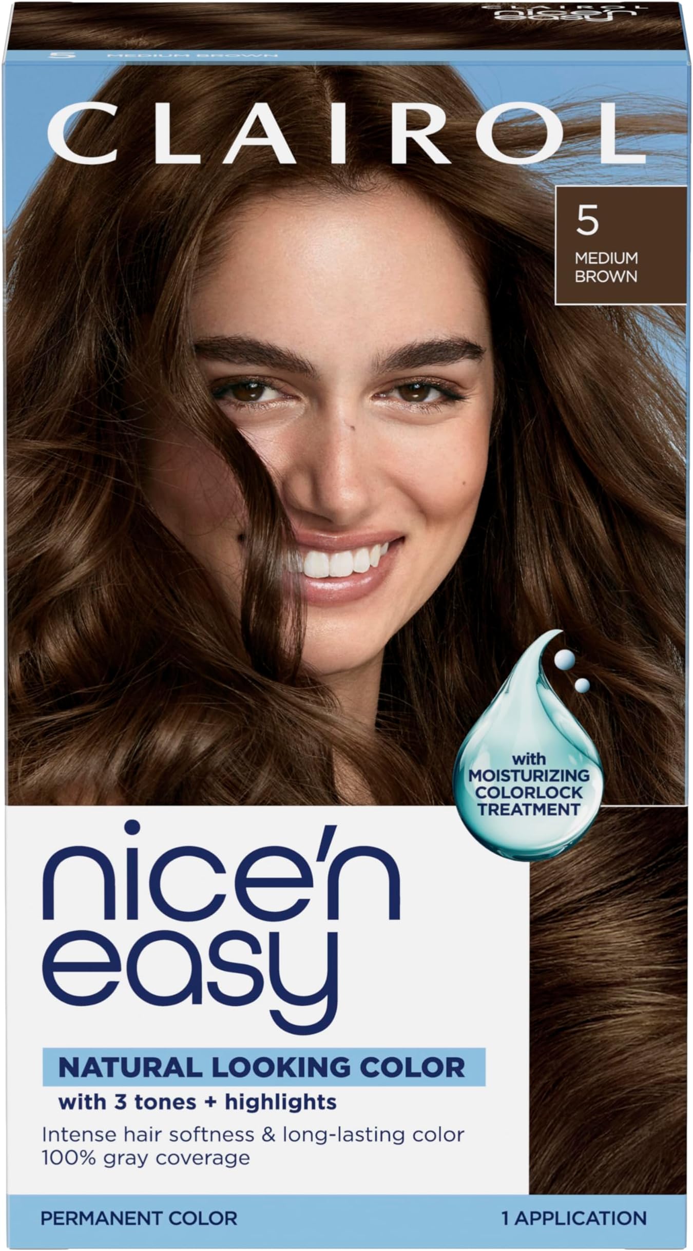Nice'n Easy Permanent Hair Dye, 5 Medium Brown Hair Color, Pack of 1 - Packaging May Vary