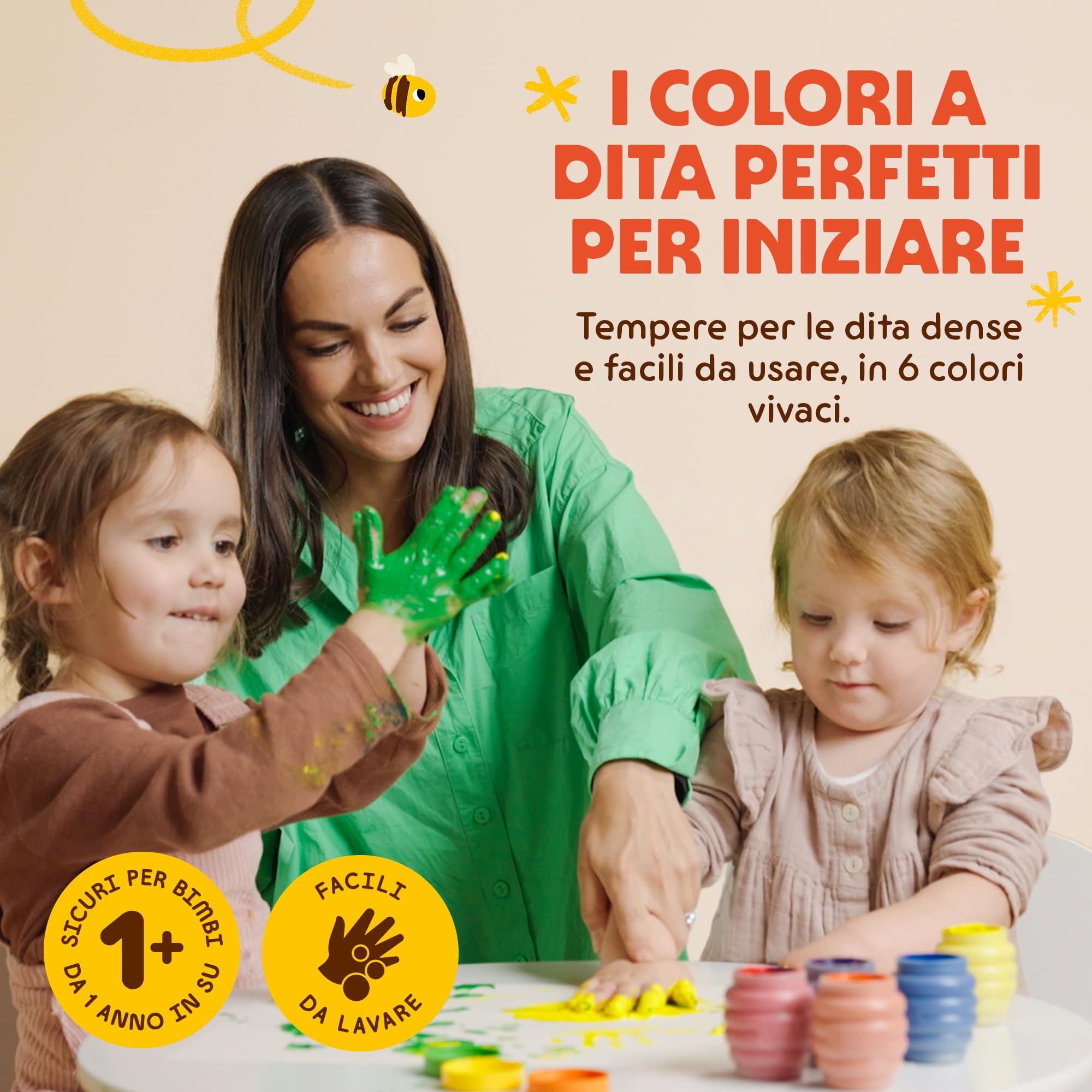Honeysticks Colori a Dita per Bambini Atossici, 6 Colori per Bambini Brillanti, Lavabili Facilmente da Pelle e Vestiti, a Base d’Acqua ed Ecologici, Sicuri per Bimbi da 1 Anno in Su