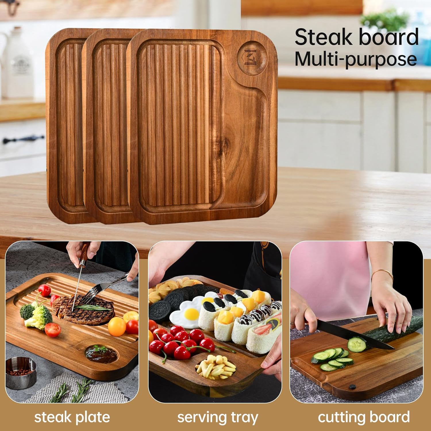 4 pcs Acacia Wood Steak Plates,Carnivore Cutting Board for Eating, Carved Meat Wooden Plate, Food Serving Tray,Cheese Charcuterie Boards with Deep Grooves & Hidden Handles - Image 4
