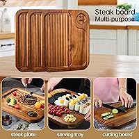 Vista 4 de 4 piezas de platos para bistec de madera de acacia, tabla de cortar carnívora para comer, plato de carne tallado en madera, bandeja para servir