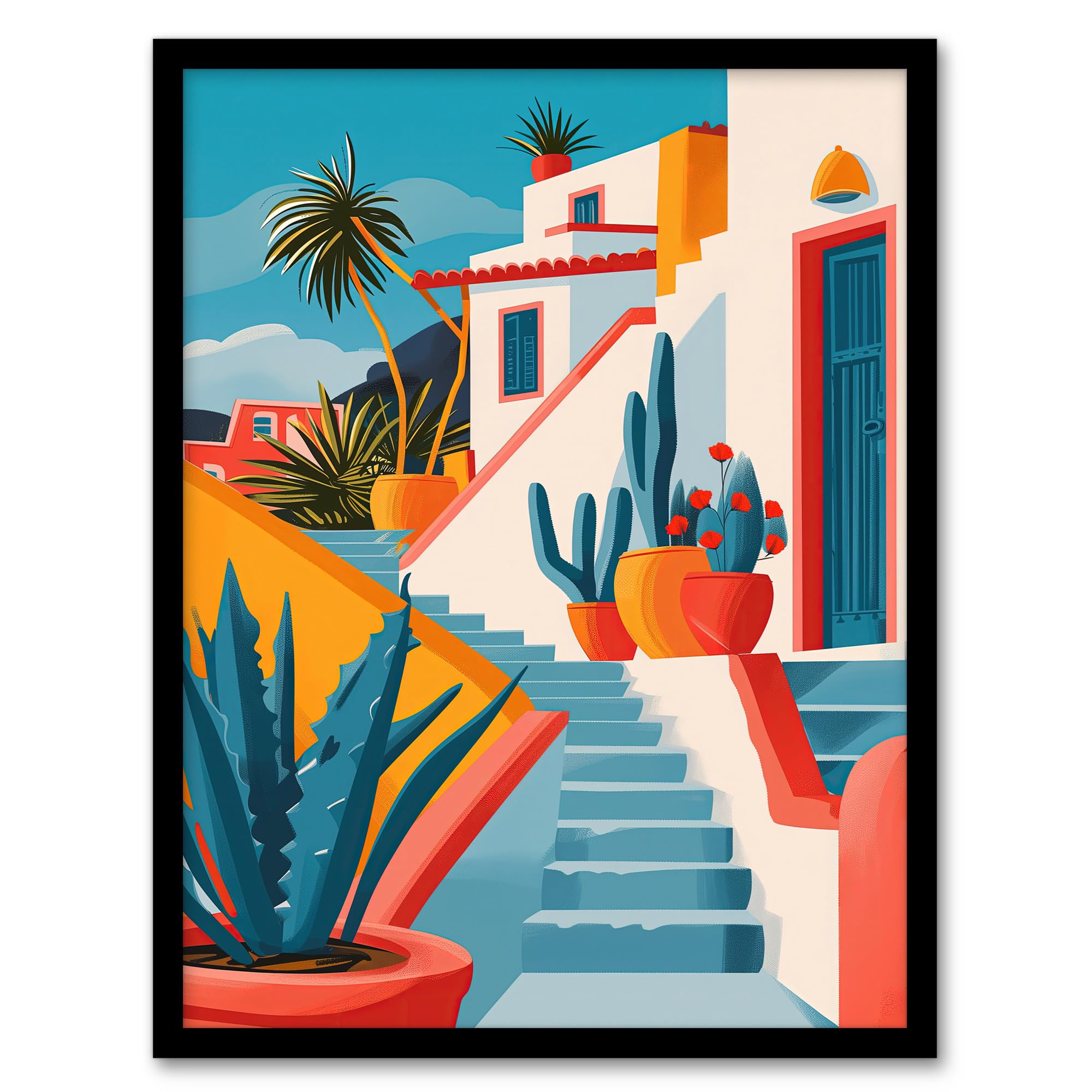 Artery8 Mexican Village Cactus Colourful Hispanic Latino Living Room Bathroom Artwork Framed Wall Art Print A4