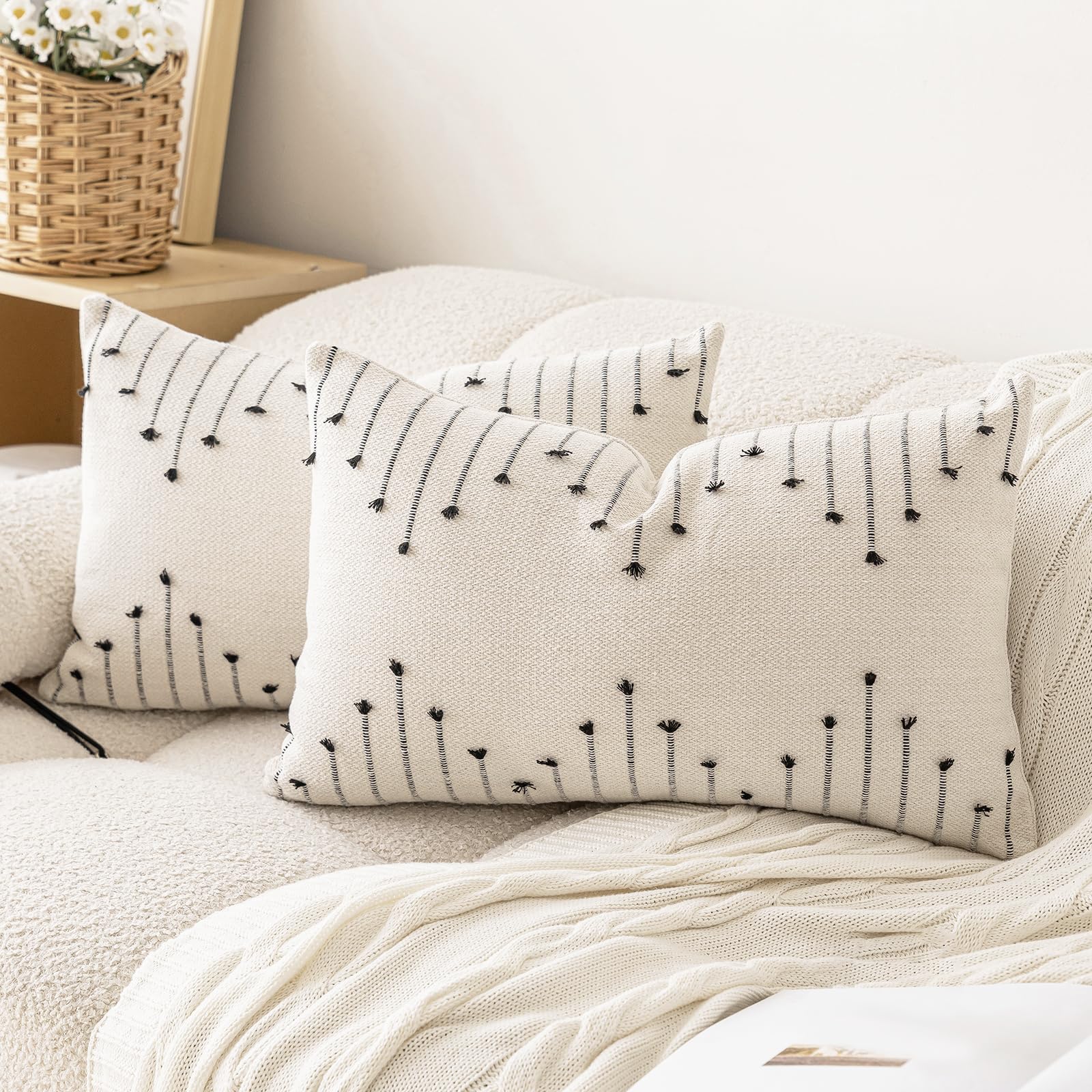 LILEPOY Boho Throw Pillow Covers 12x20 Set of 2 Neutral Decorative Textured Cushion Case Farmhouse Pillowcase Modern Lumbar Pillow Covers for Sofa,