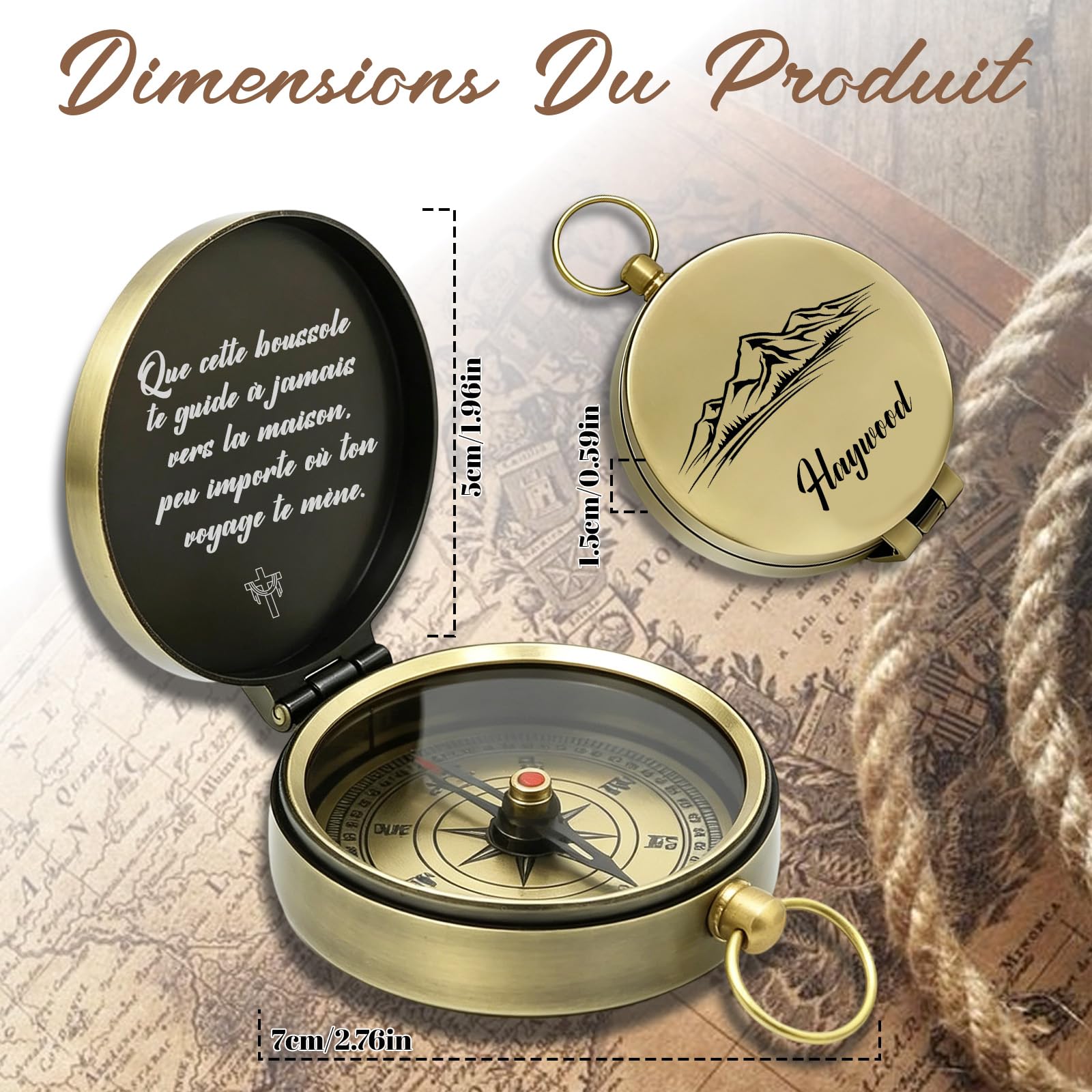 Boussole Personnalisée avec Nom Boussole de Poche Gravure Personnalisable avec Texte et Icône Cadeau Homme Femme Aventurier Ami Randonnée Mariage