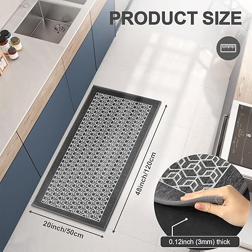 Miniatura 5 de Sungea Tapetes de cocina para suelo de 20 x 47 pulgadas, alfombra de pasillo de cocina antideslizante, lavable, absorbente geométrica, alfombra gris
