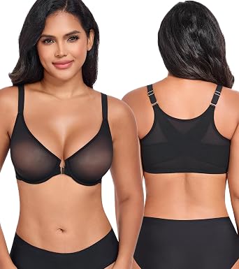 DotVol Womens Front Closure Sheer Mesh Underwire Everyday Bra