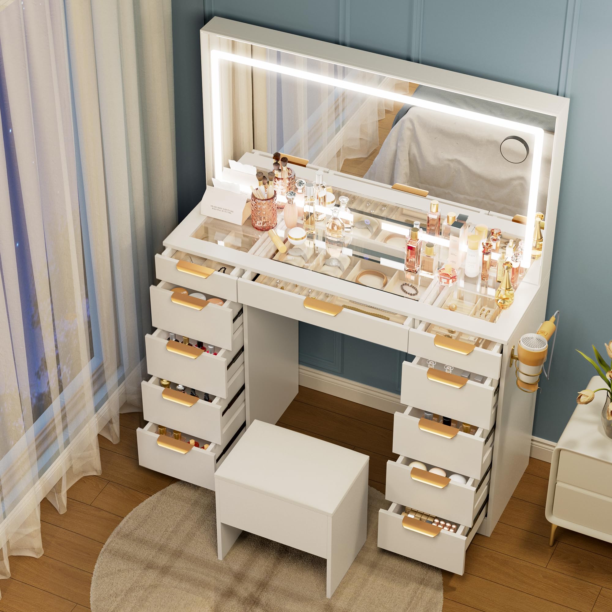 Pamapic 11 Drawers Vanity Desk with Golden Handles, Storage Stool