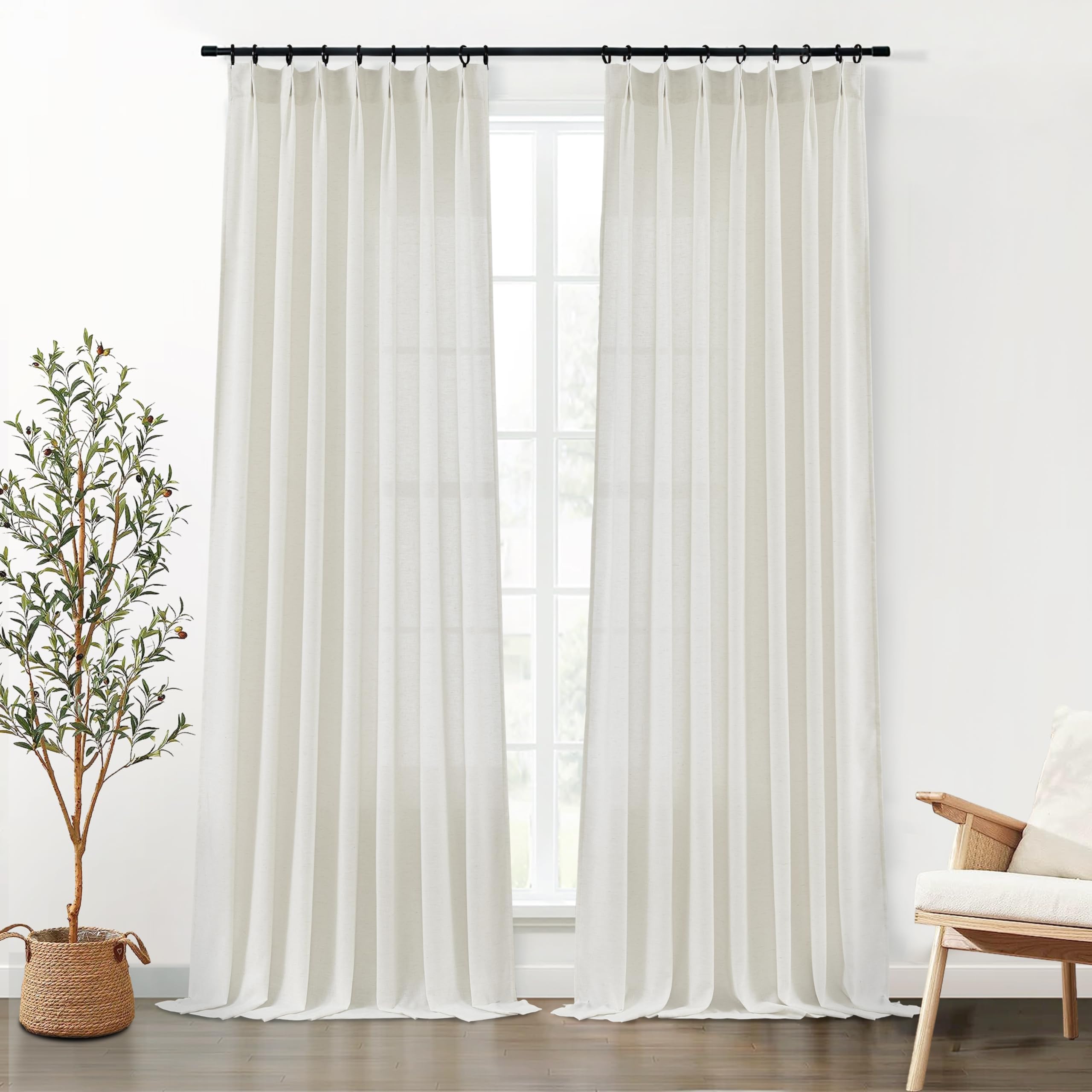 Linen Curtains 96 Inch Long 2 Panel Set Drapes for Living Room,Sheer Pinch Pleated Light Filtering Cream Cortinas Para Sala Modernas 2024 8FT Track Mount Ceiling to Floor Length Curtain Drapery