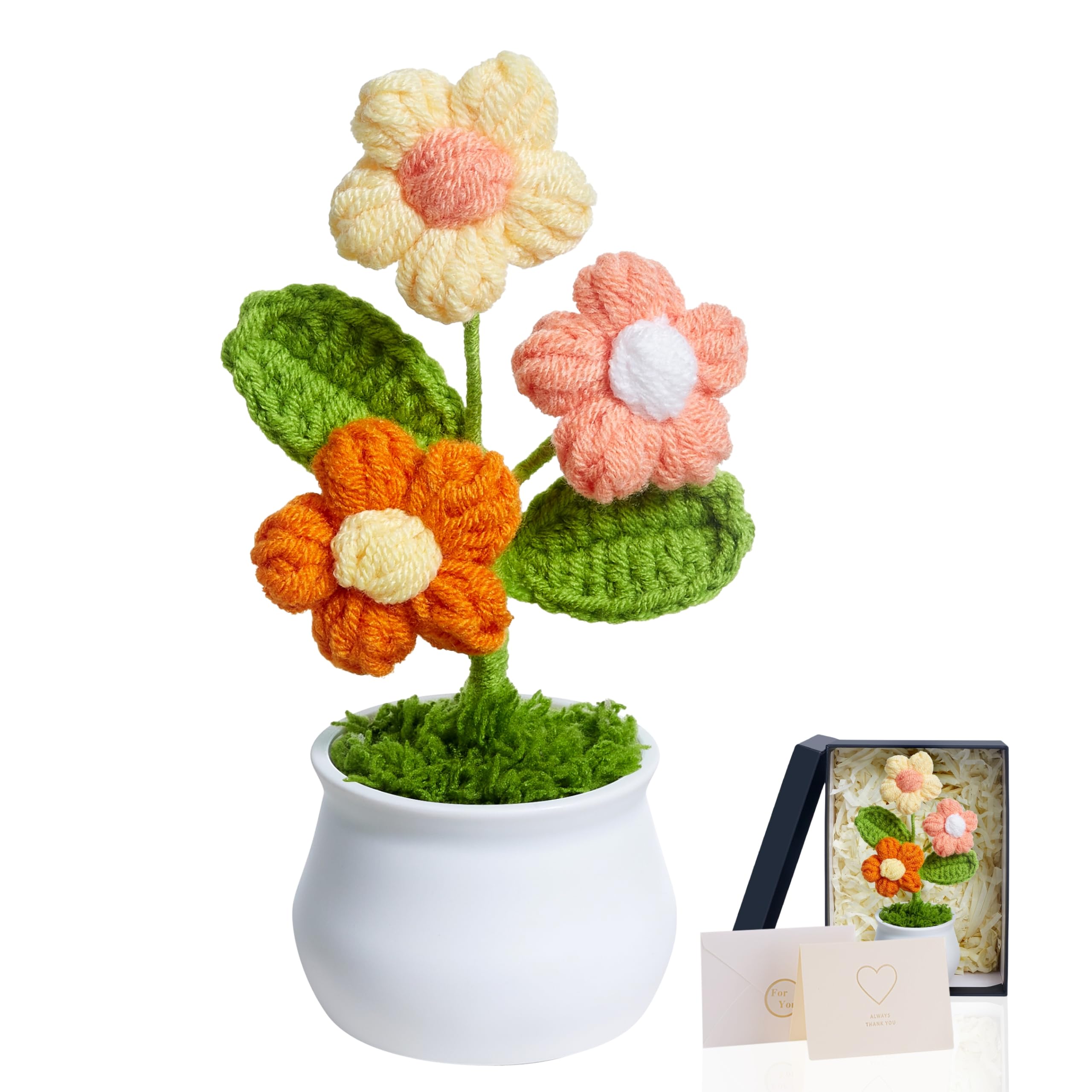 MAIBAOTA Orange Puff Crochet Flowers Handmade Knitted Flower Bouquet Potted Plants Birthday Gifts for Women Desk Decor Accessories