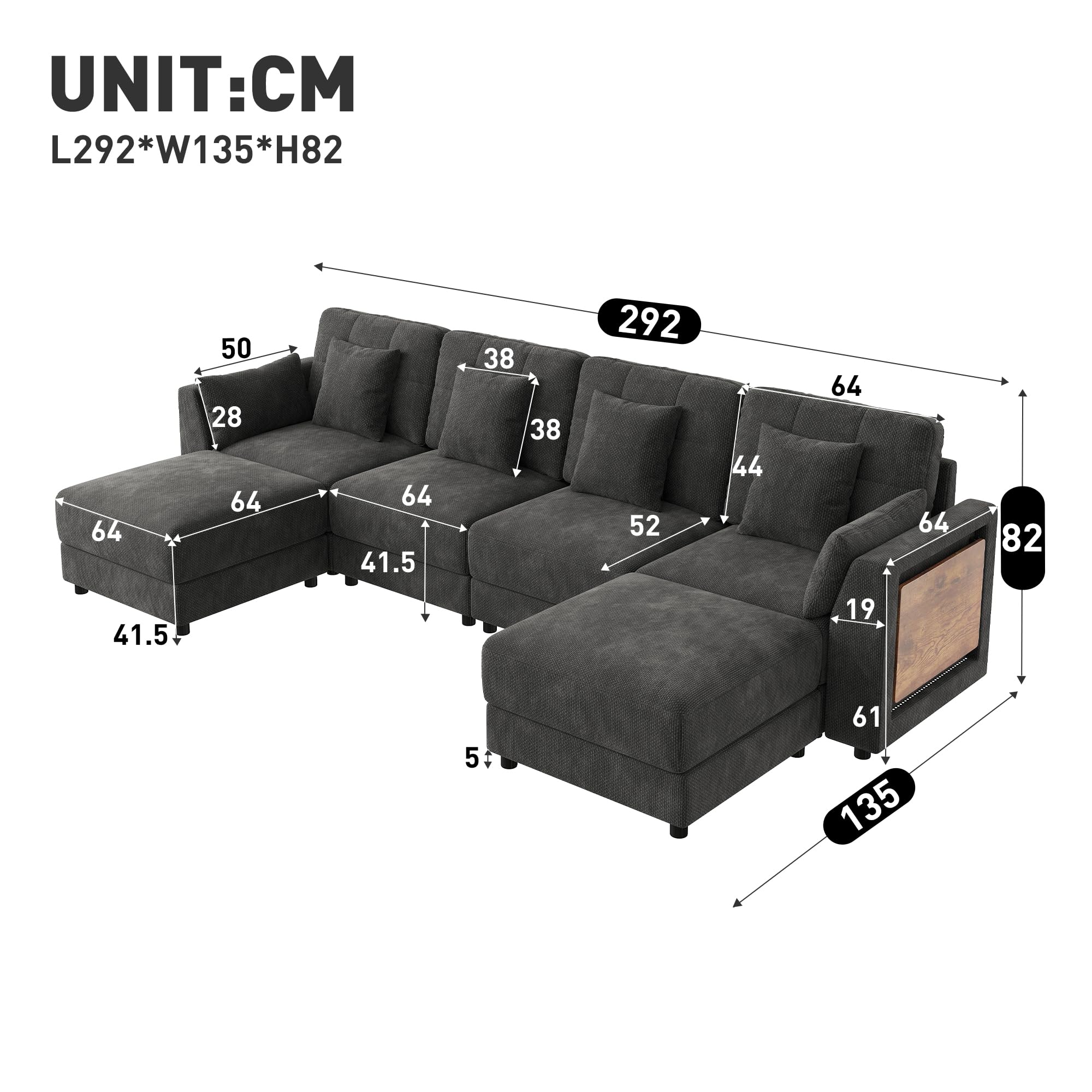 Divano angolare modulare combinato a U / L con 2 sgabelli mobili, illuminazione a LED e tavolino pieghevole con 6 cuscini, rivestimento in ciniglia, grigio