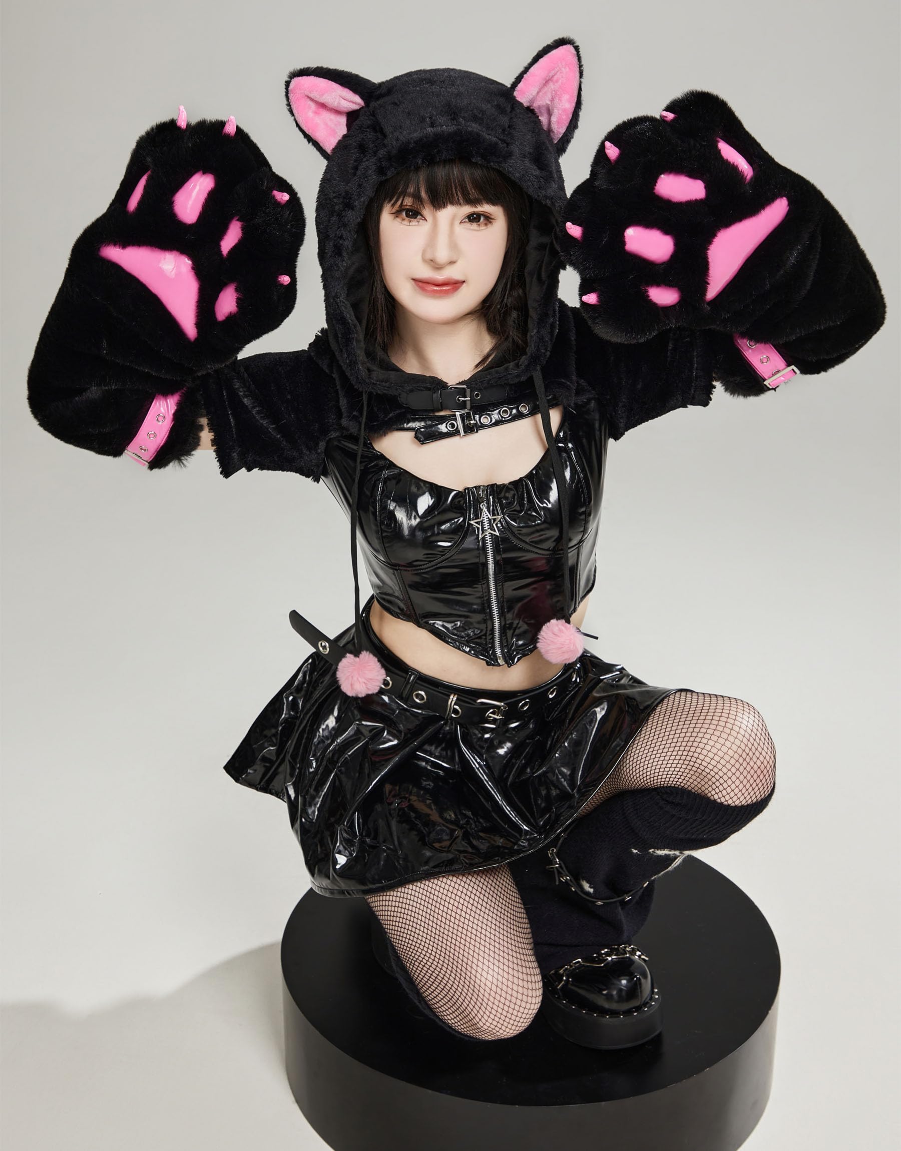 Mobbunny Cat Cosplay Costume Furry Hoodie Top and Skirct Outfits with Detachable Paw