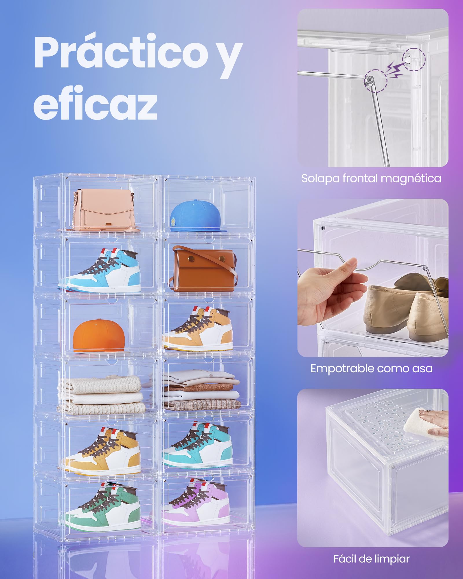 SONGMICS Cajas para Zapatos, Juego de 6, Organizador de Zapatos Transparente, de Plástico, con Puerta, Apilable, 33 x 28,5 x 19,2 cm, para hasta la Talla 46, Blanco Transparente LSP506W01