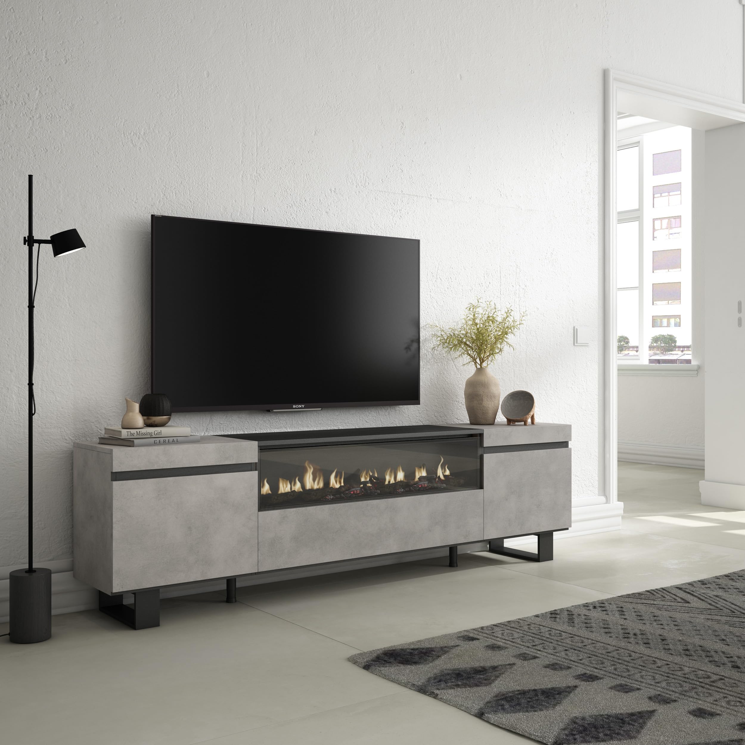 Skraut Home | TV-Schrank, Lowboard | für Wohnzimmer und Esszimmer | 200x57x35cm | Für TV-Geräte bis zu 80" | Elektrokamin. Maße | Industriedesign | Moderner Stil | Zement