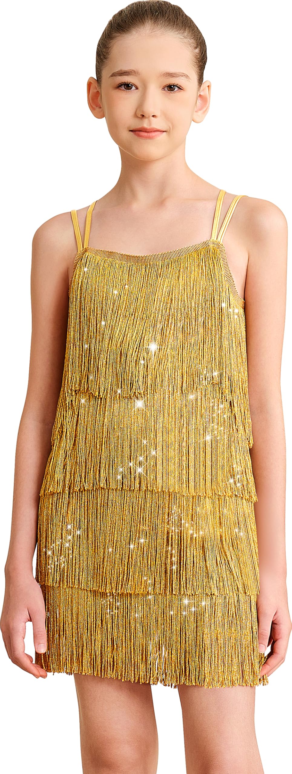 Mulnall Mädchen Latin Quaste Kleid Sparkly Vintage Tanz Outfit für Kind Kostüm Lyrische Fringe Dance Rock Doppel Crisscross Back Performance Ballroom Party
