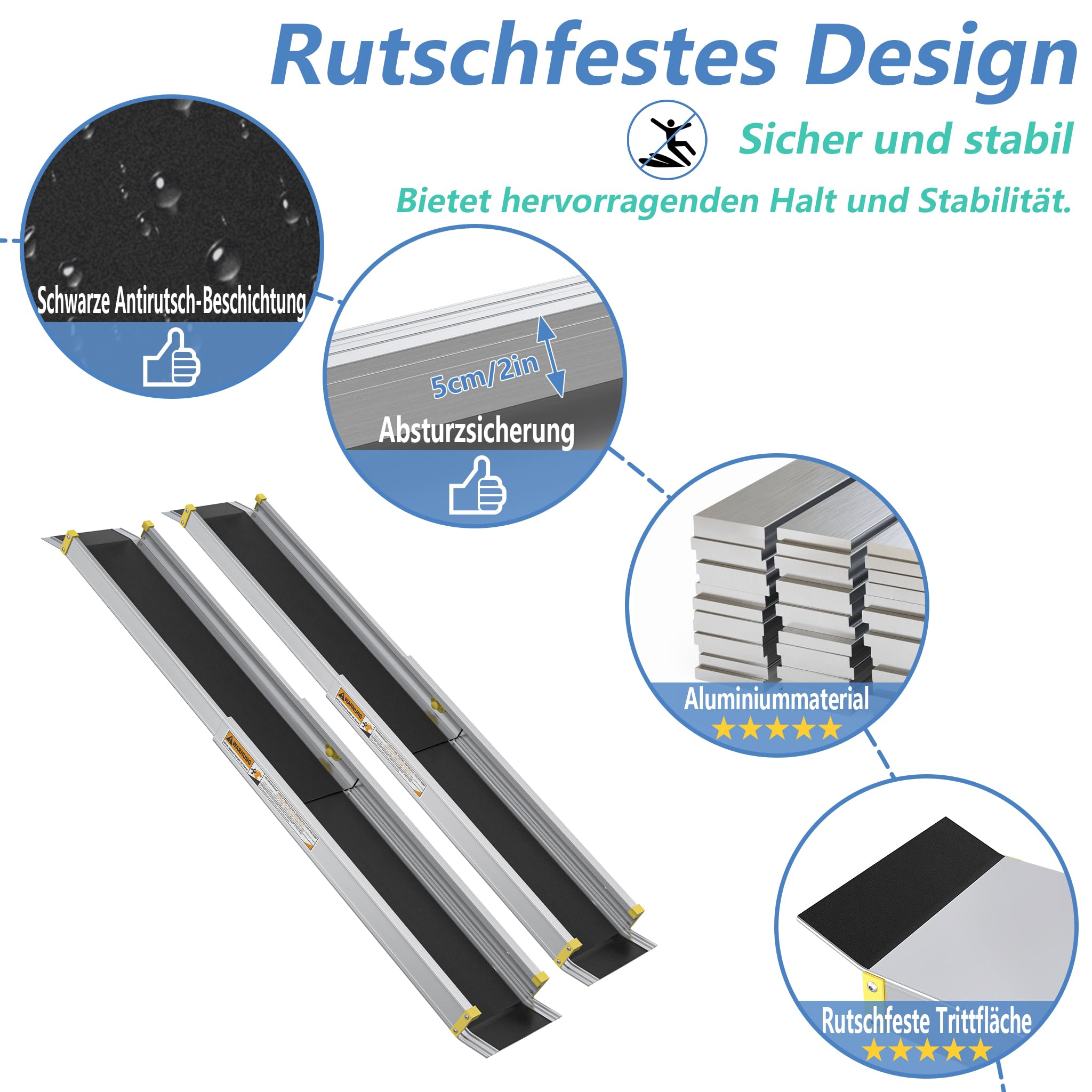 YRHome Rampa telescópica para silla de ruedas (2 unidades, 107 – 183 cm, telescópica, ajustable, antideslizante y portátil, hasta 300 kg, para sillas de ruedas manuales, aluminio, rampa para escaleras