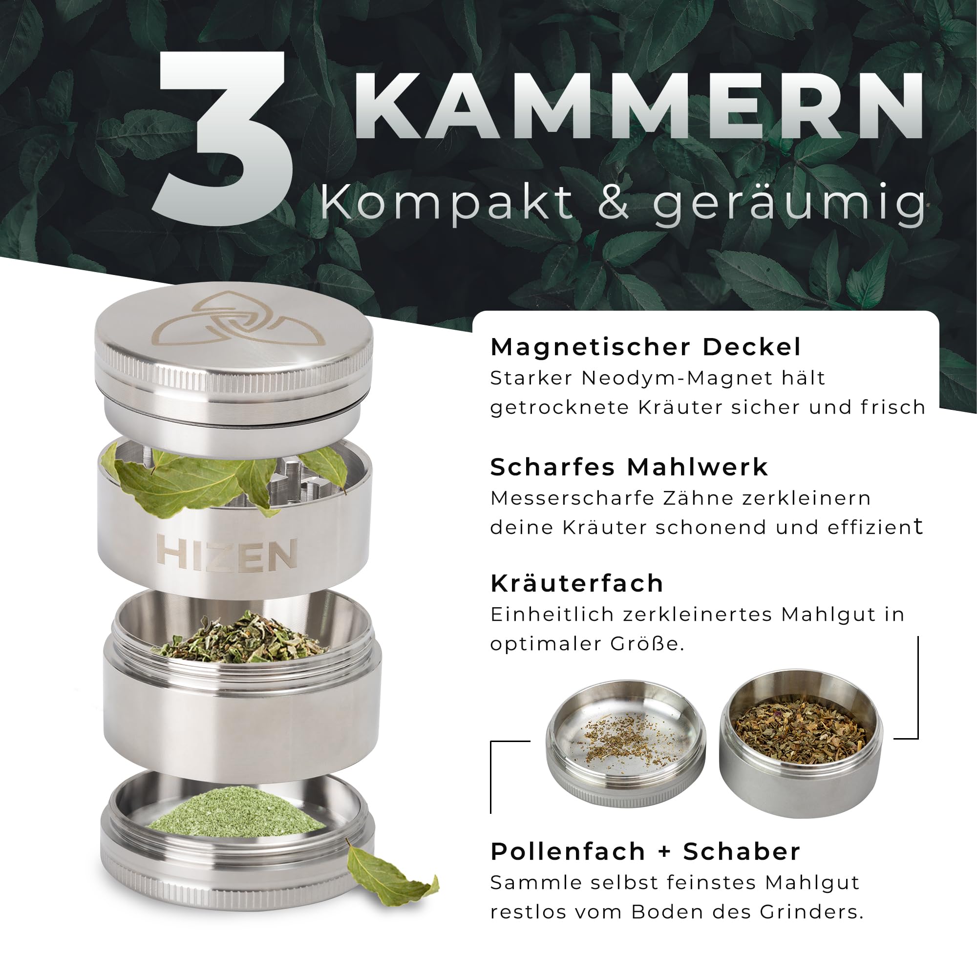Grinder Edelstahl 4-teilig, mit Siebfach + Schaber - optimiertes Mahlwerk, abriebfest, magnetisch - Silber Glänzend Ø4.9cm