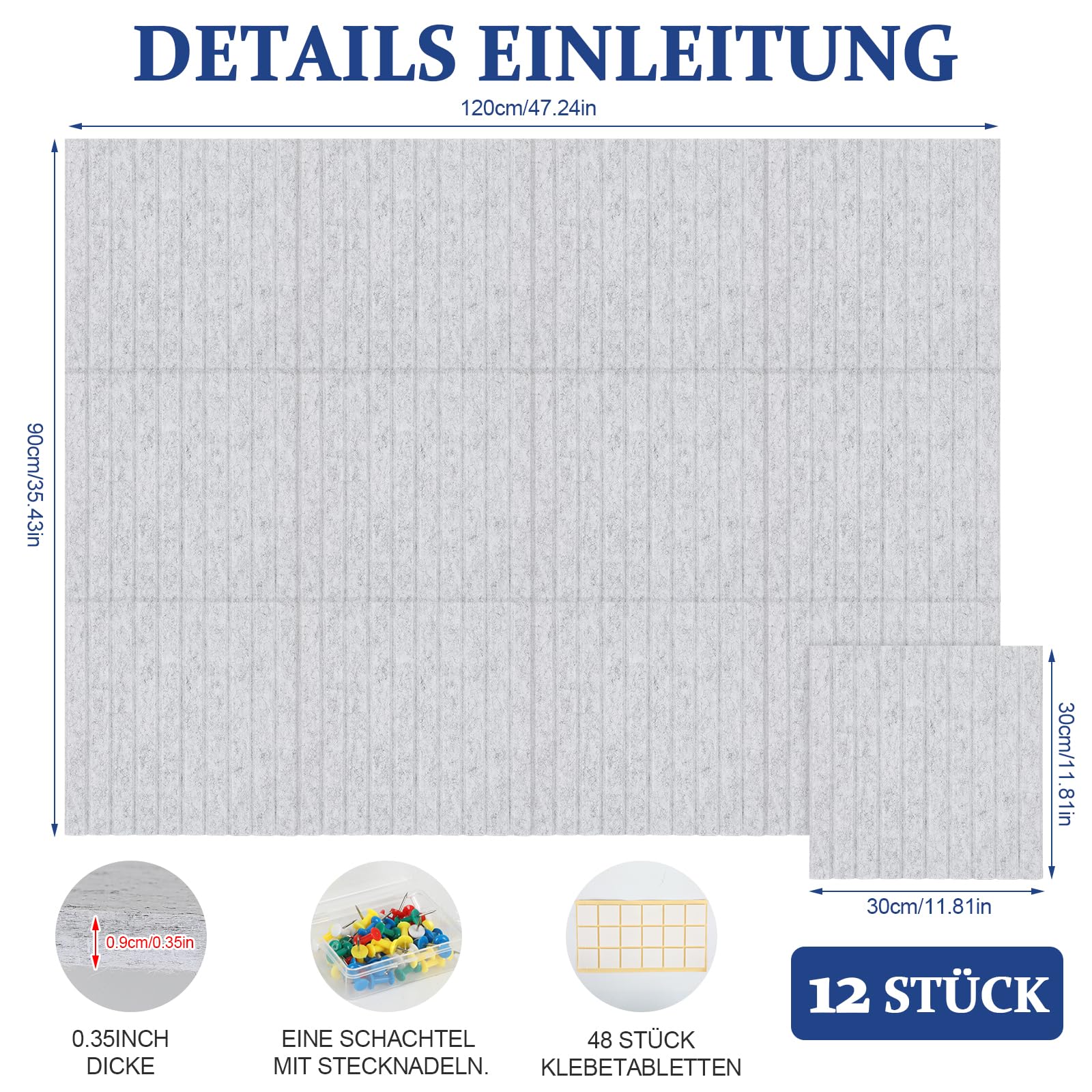 Große Filz Pinnwand Selbstklebend,12 Stück 30x30cm Korkwand Filz-Wandpaneele Dekorative Pinnwand Tack Board für Zuhause, Schule, Bürowände