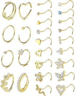 26 Pcs 20G Nose Ring Nose Stud Surgical Steel Nose Piercings Set CZ Shiny Septum Piercing Butterfly Snake Nose Studs Piercing Nose Rings Gold Silver Nose Piercings Jewellery for Women Men