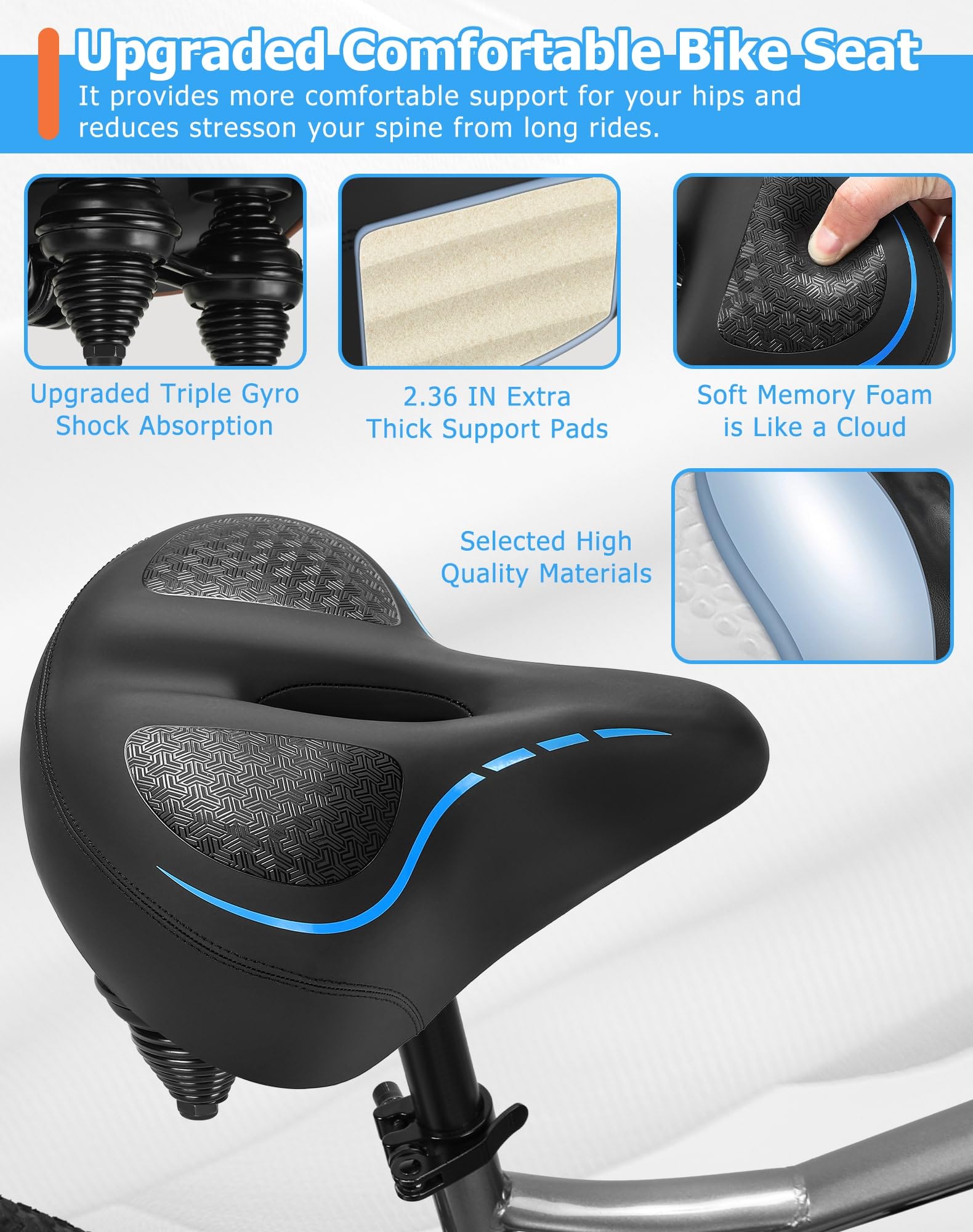 CDYWD Sillin Bicicleta Muy Comodo Hombres y Mujeres, Espesamiento, Acolchado de Espuma Viscoelástica, Montado en Suspensión, Sillín Bicicleta para MTB, Ebike, City Bike, Bicicleta Estática