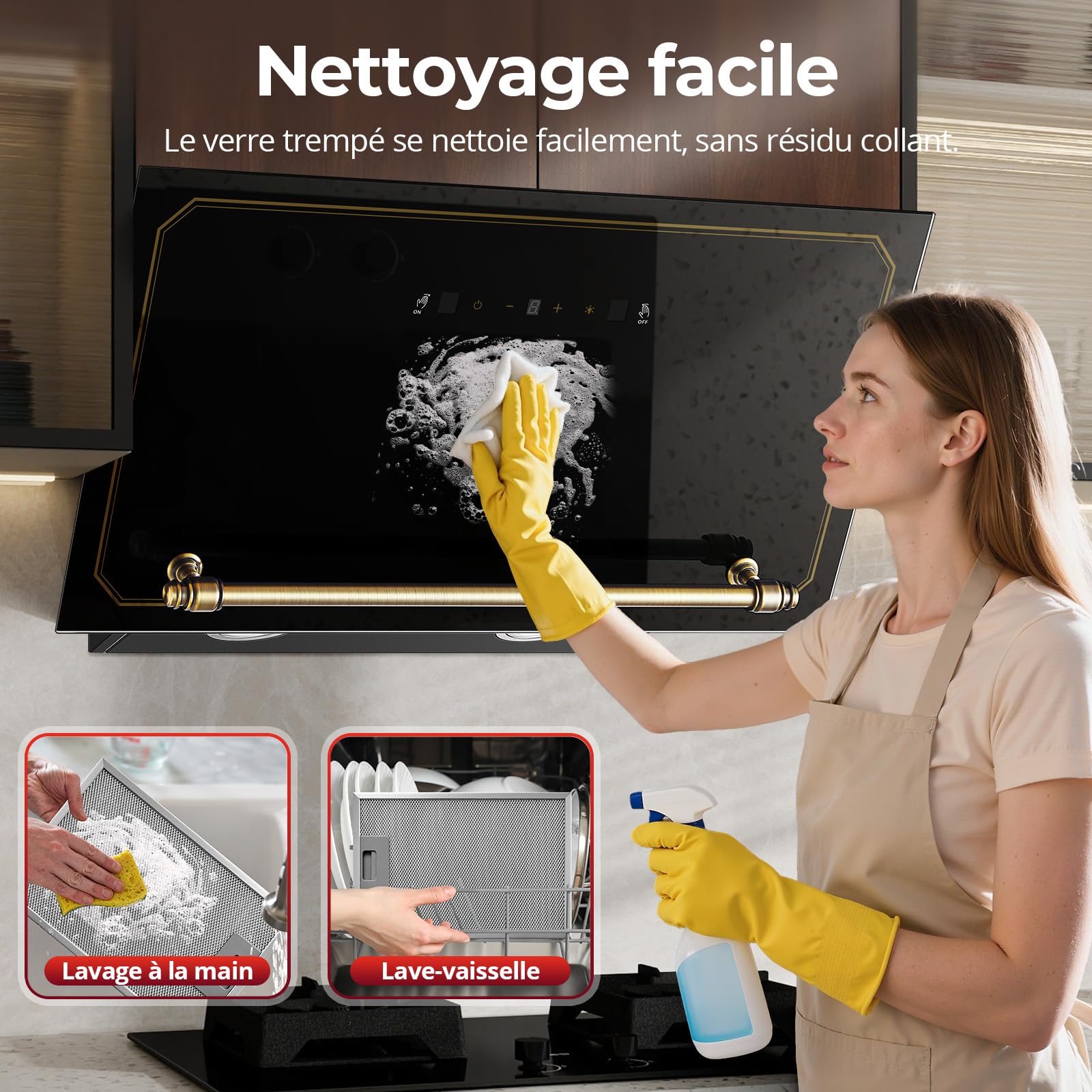SNDOAS Hotte Aspirante 60 cm, A+++ Hotte Cuisine Silencieuse Inclinée, 450 m³/h, 3 Vitesses + Boost, Évacuation/Recyclage, Filtres à Charbon Inclus, Commandes Tactiles & Gestuelles, Noir/Or