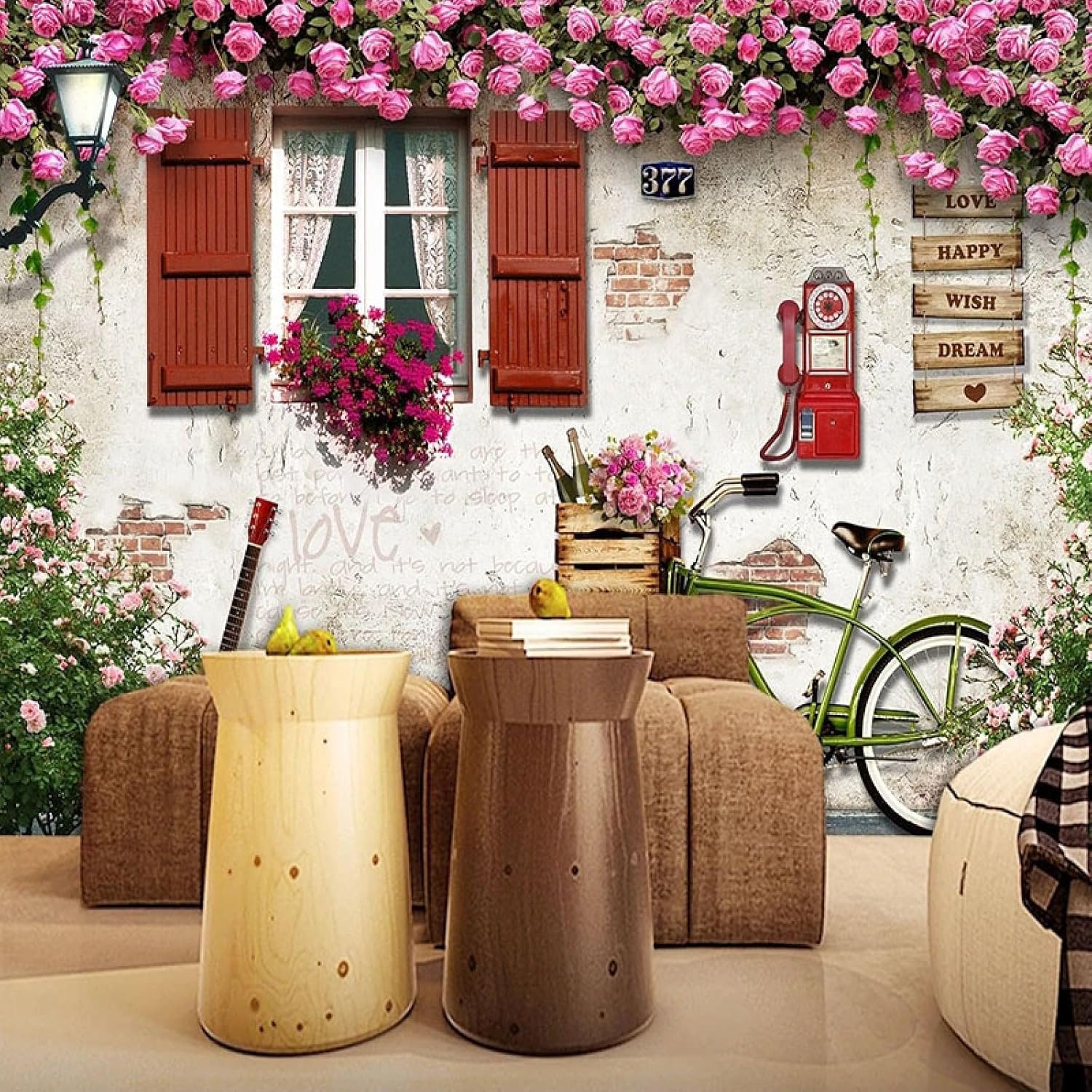 Window Roses Wall Mural, Bicycle Guitar Peel and Stick Self-Adhesive Wallpaper Removable Large Sticker Foil Wall Decor Print Picture for Dining Room Office,154" W x 110" H