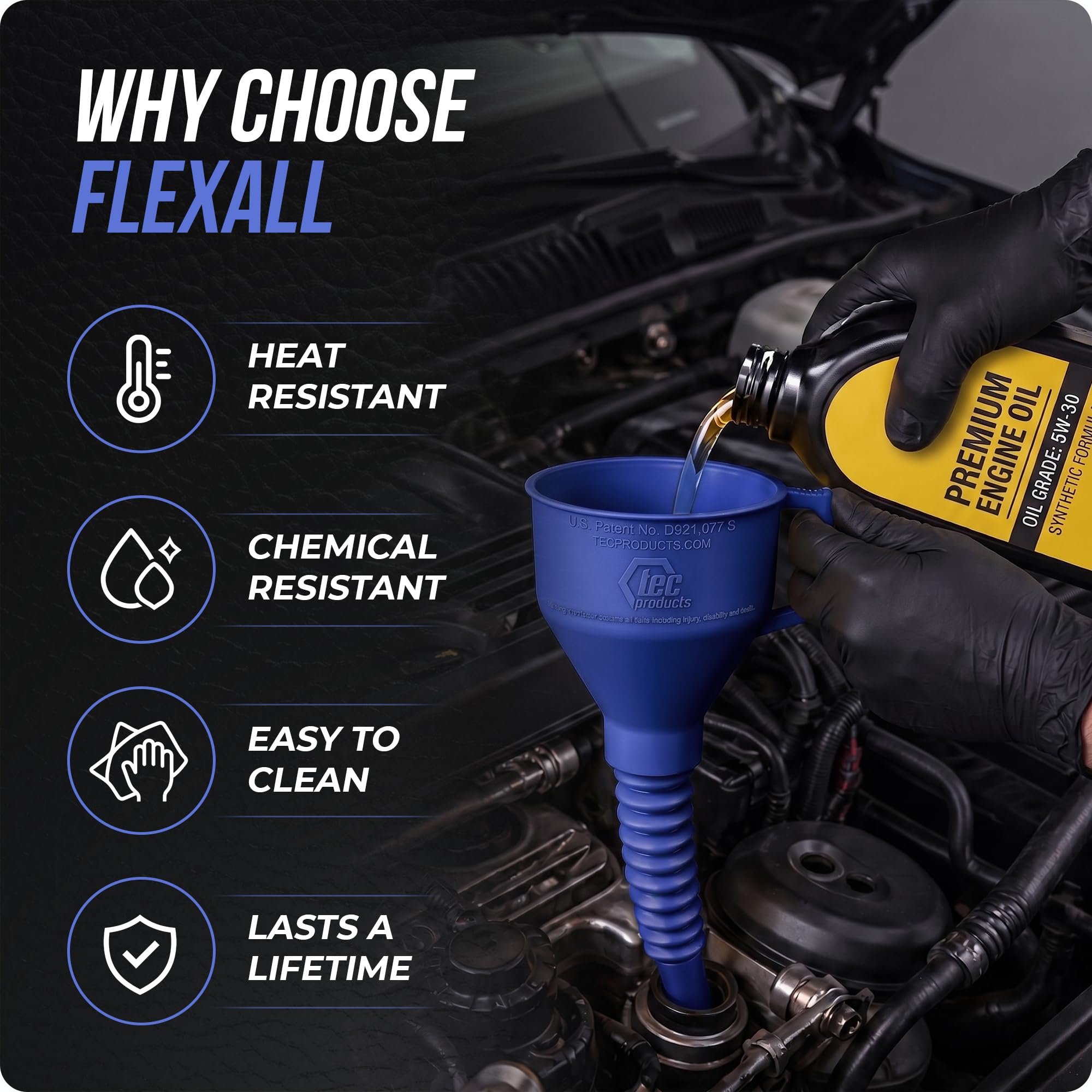 TEC Products FlexAll Embudos largos y flexibles, embudo de aceite automotriz con manguera, goma de nitrilo duradera para cambio de aceite, líquido de transmisión, diésel, combustible, gas, fabricado