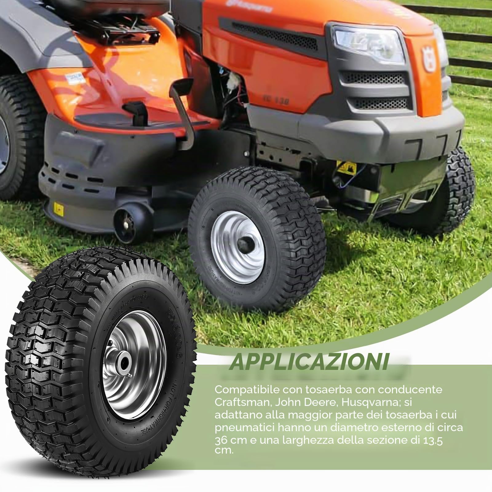Pneumatici e Ruote Anteriori Tosaerba Confezione da 2, 15 x 6,00 – 6 per John Deere artigiani Husqvarna, 3 pollici foro centrato del mozzo ID 3/4 pollici, gomma naturale, 4 strati con tubo da 400 lbs