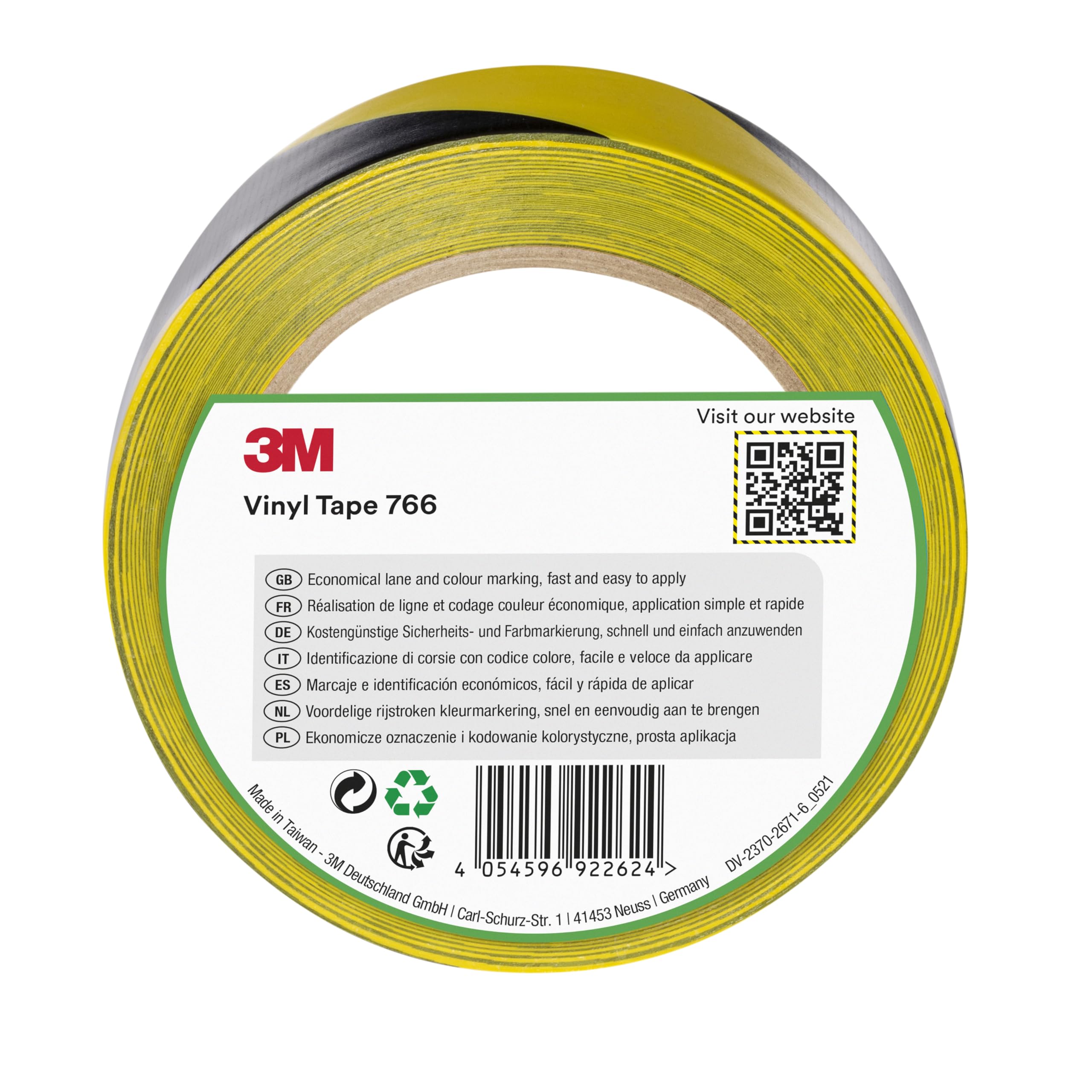 3M 766i Gefahren-Markierungs-Klebeband, 50 mm x 33 m, Gelb/Schwarz