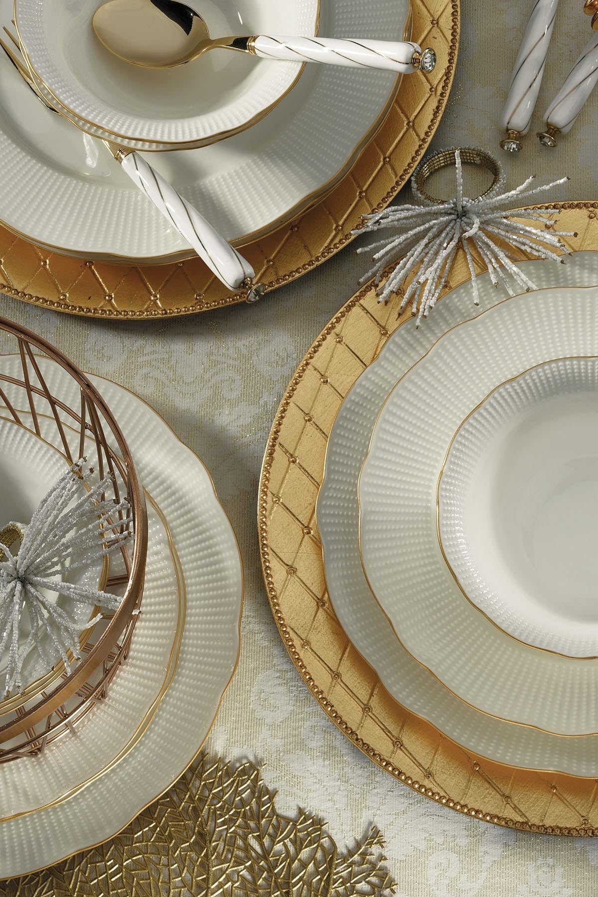 Elegant 26-Piece Dinner Set, 100% Porcelain, White & Gold | Includes Service Plates, Deep Plates, Bowls & Platters | Dishwasher & Microwave Safe