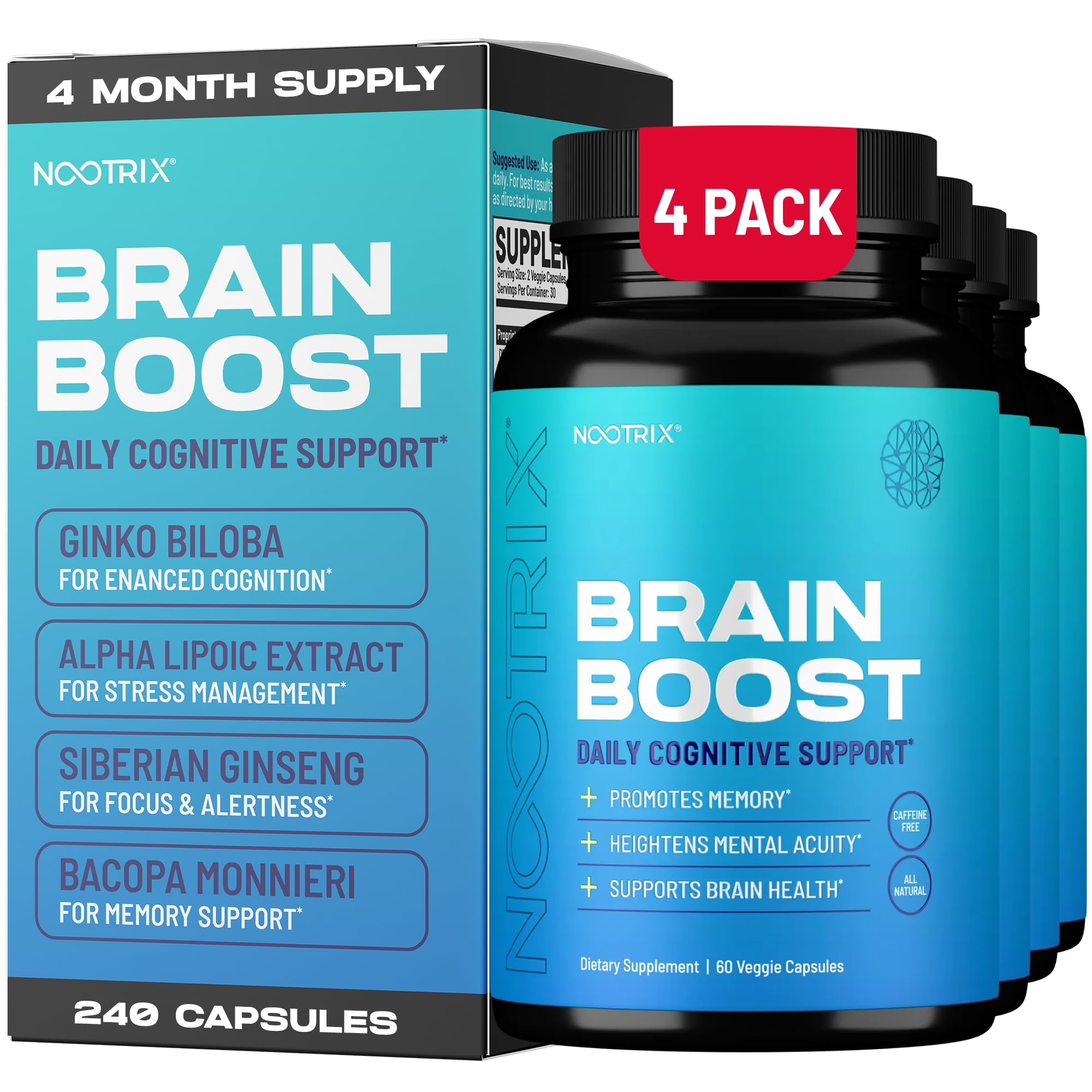 Nootrix Brain Boost Nootropic Supplement | Supports Memory, Mental Focus, Cognitive Health & Energy | Caffeine-Free, Promotes Healthy Mood & Brain Function w/Gingko Biloba & DMAE | 240 Capsules