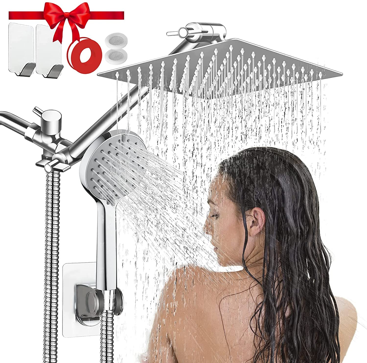 Rain Shower Head,8”High Pressure Rainfall Shower Head Handheld Combo 5 Settings，with 11'' Angle Adjustable Extension Arm 60" Hose ，High Pressure NozzleEasy to Clean Bathtub,Tile & Pets ,With Hook