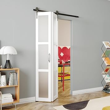 36in x 84in Bifold Barn Door, 3 Lites Tempered Frosted Glass Folding Barn Door with Hardware Kit Set, Sliding Closet Door Slab with 3.3FT Track for 2 Doors, Easy Assembly