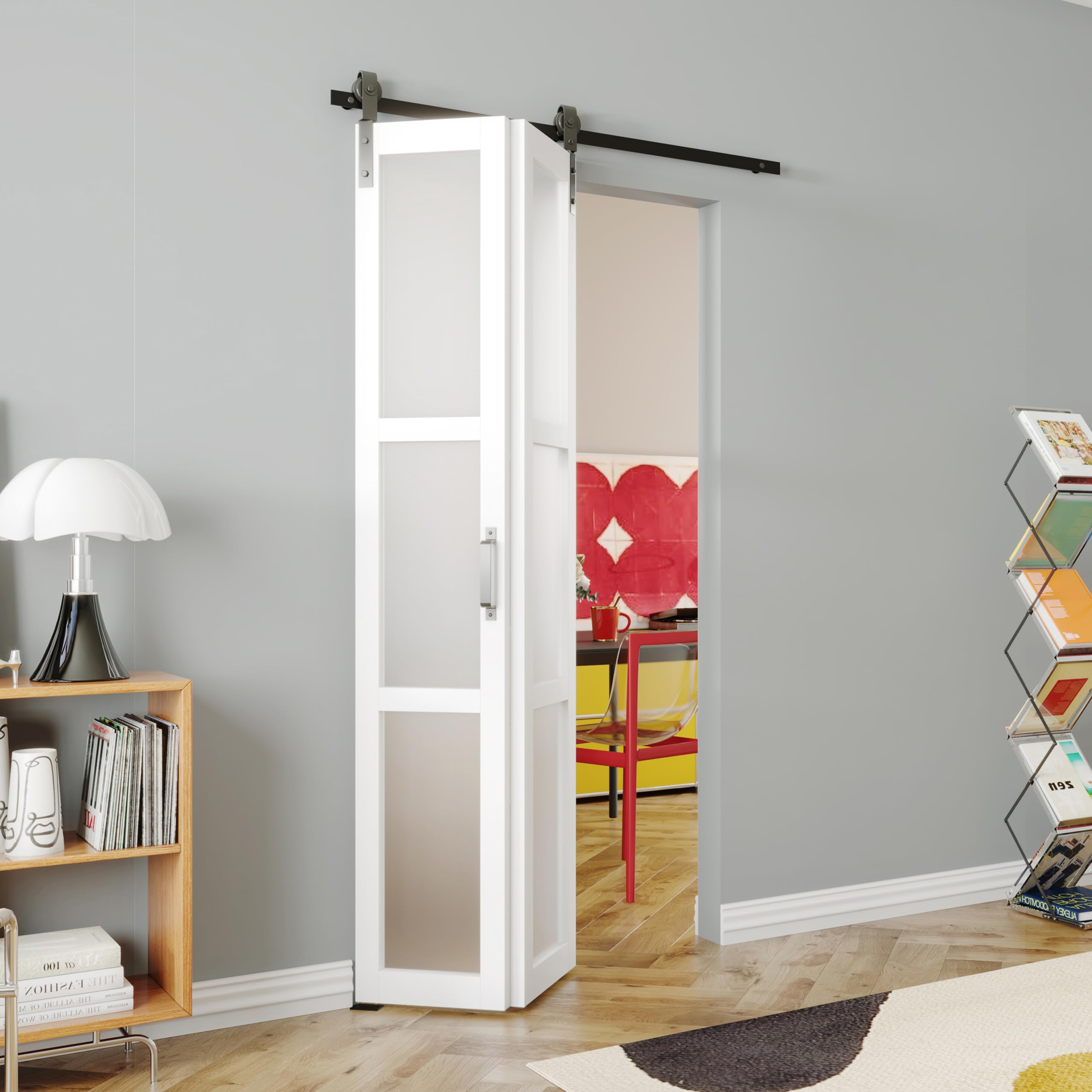 SOLRIG 36in x 84in Bifold Barn Door 3 Lites Tempered Frosted Glass with Hardware Kit