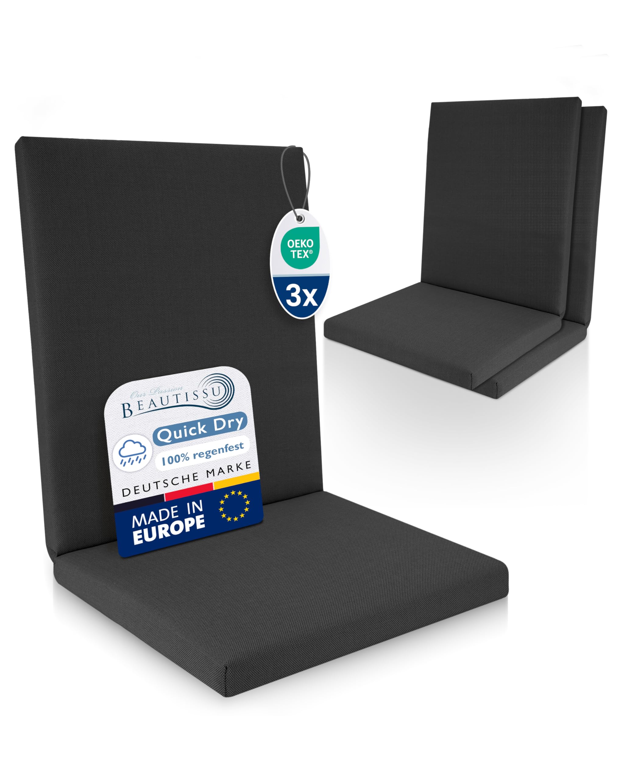 Beautissu Set of 3 Premium Low Back Garden Chair Cushions 100% Waterproof Seat Cushions Outdoor 100x50cm - UV Resistant Comfortable Easy Care - Quick Dry Patio Furniture Cushion Anthracite