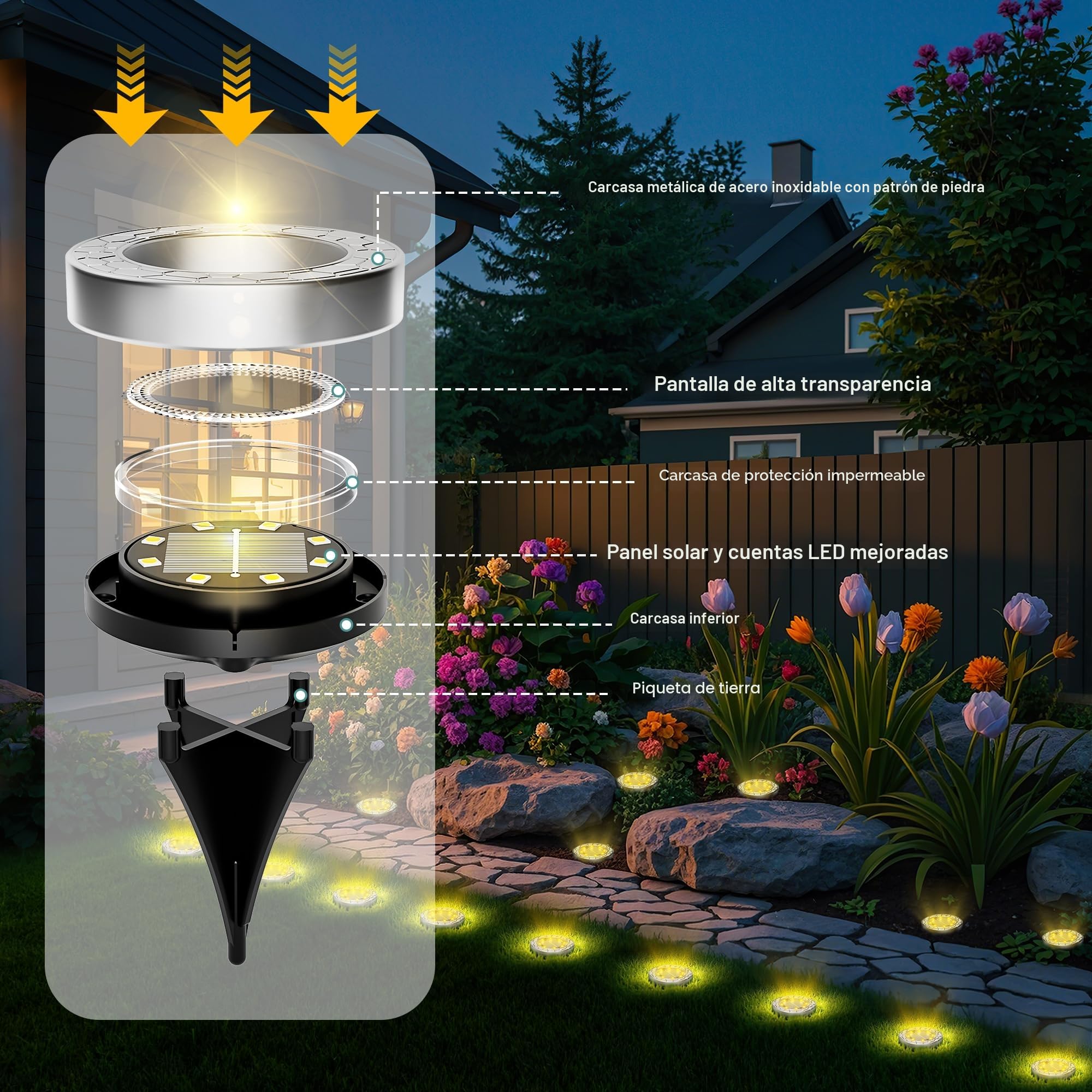 FIFlying 10 Piezas Luces Solares LED Exterior Jardín, 8 LED Luces Solares LED Exterior Jardín Suelo, Acero Inoxidable, Luces Solares LED Jardín para Césped, Camino, Acera, Patio, Blanco Cálido