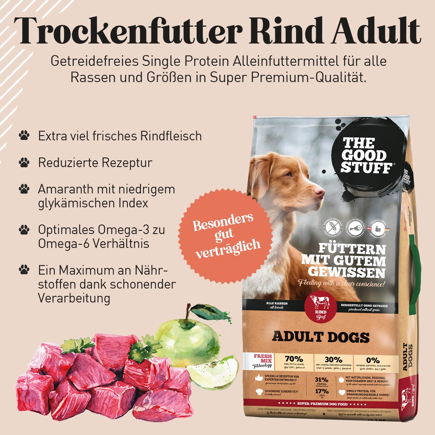 The GOODSTUFF Rind (Adult) 12,5 kg | Hochwertiges Hundetrockenfutter getreidefrei | Mit frischem Rindfleisch | Hundefutter trocken für ausgewachsene Hunde | Ausgewogenes Trockenfutter für Hunde