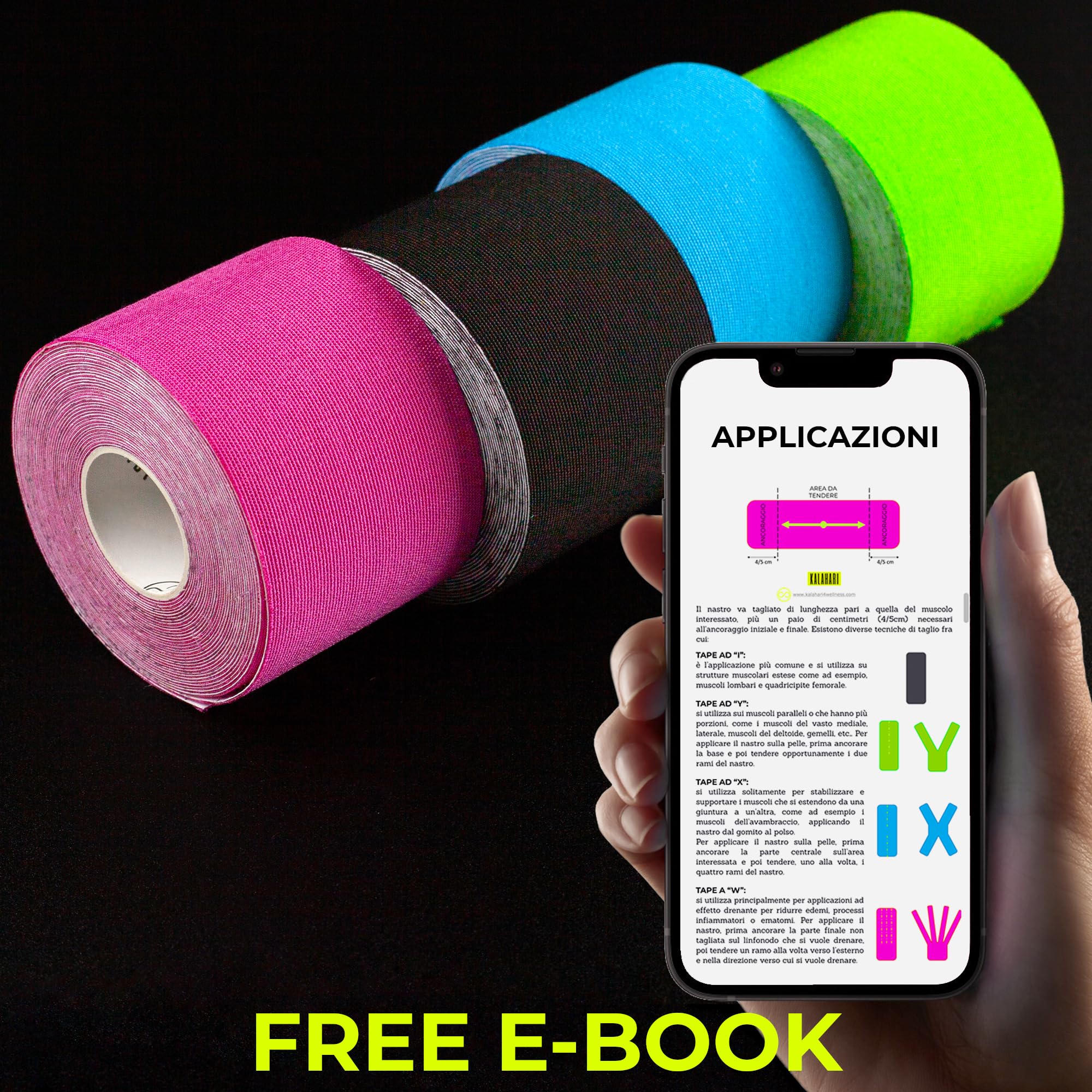 KALAHARI 4 rotoli Nastro Kinesiologico Professionale + eBook Applicazioni, Kinesiology Tape alta Aderenza, resistente a Sudore e Acqua, Kinesio Taping Neuromuscolare per Sport, Riabilitazione 5m x 5cm