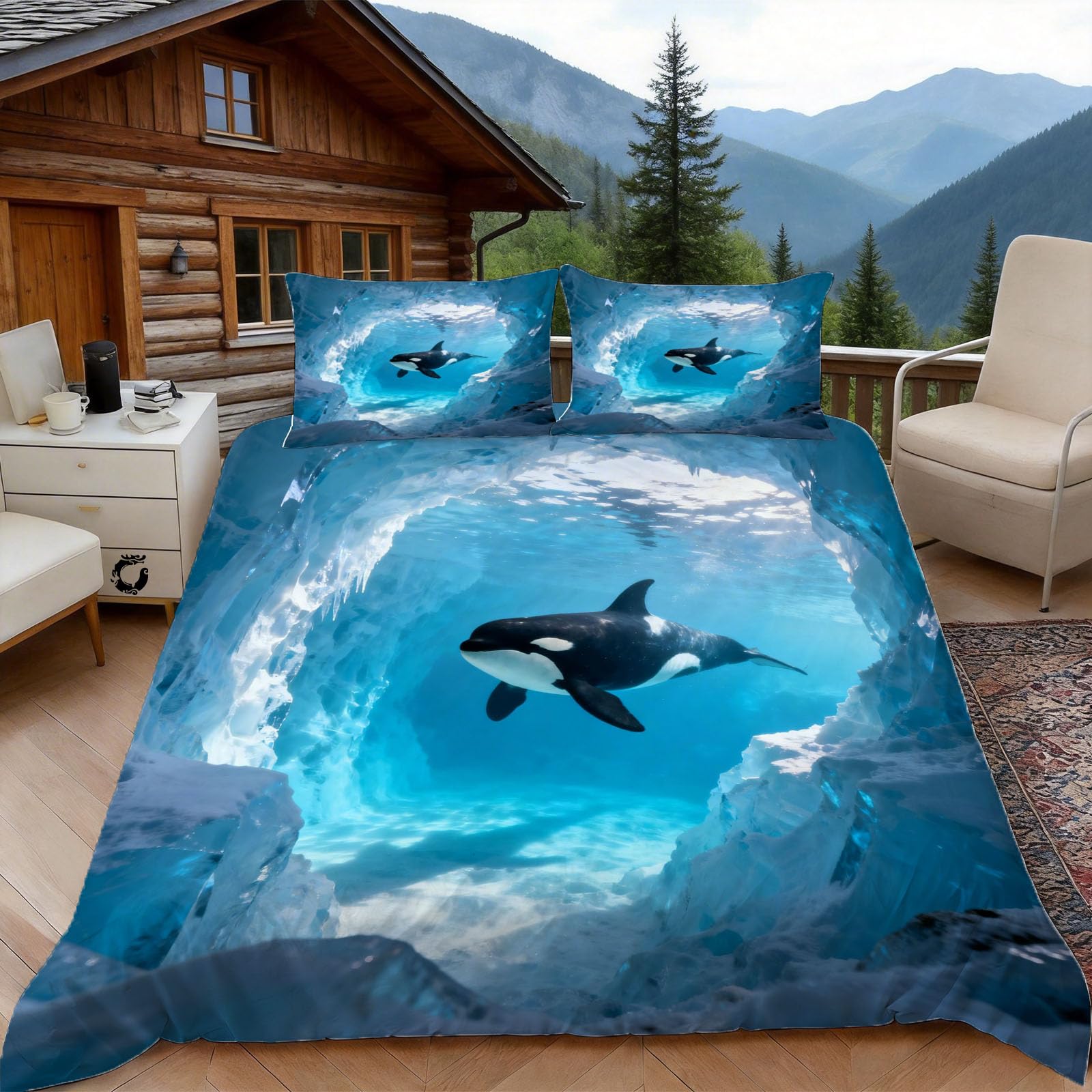 3D Single Duvet Cover Set 3D Printed Orca Bedding, Mysterious Atmosphere Soft Microfibre Duvet Cover Sets Quilt Cover and Pillow Set with Zipper 3 Pcs